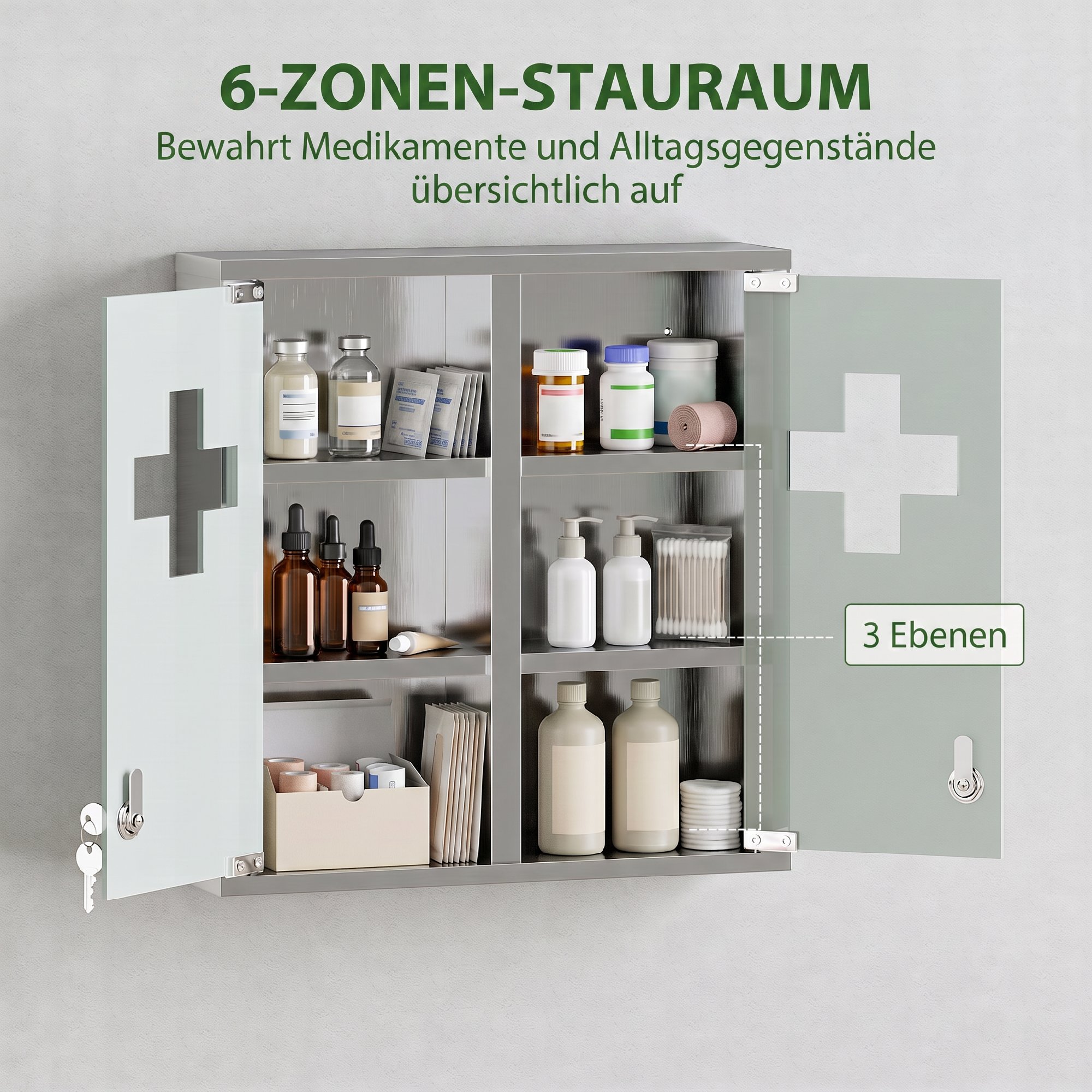 Medizinschrank, Abschließbarer Medikamentenschrank mit 2 Schlüsseln, Glastür und 6 Regalen, 48 x 46 x 12 cm, Silber