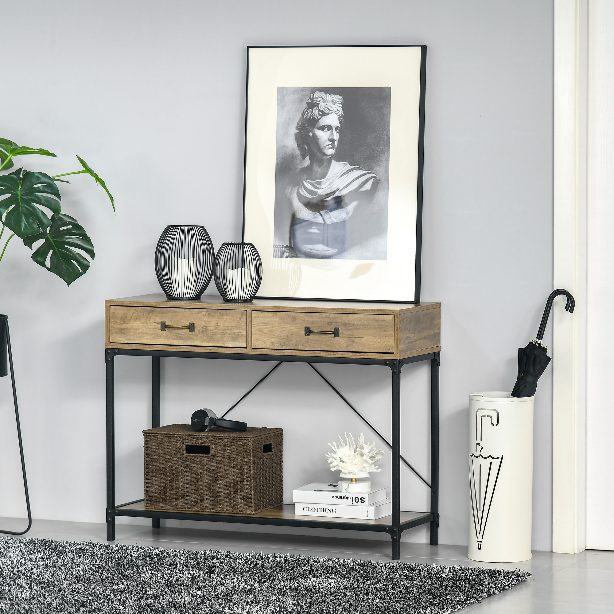 Konsolentisch Flurtisch mit Ablage und 2 Schubladen, 100 x 35 x 76,5 cm Beistelltisch Sofatisch Ausstellungstisch für Kleinen Raum, Eingang, Flur, Wohnzimmer Braun+Schwarz