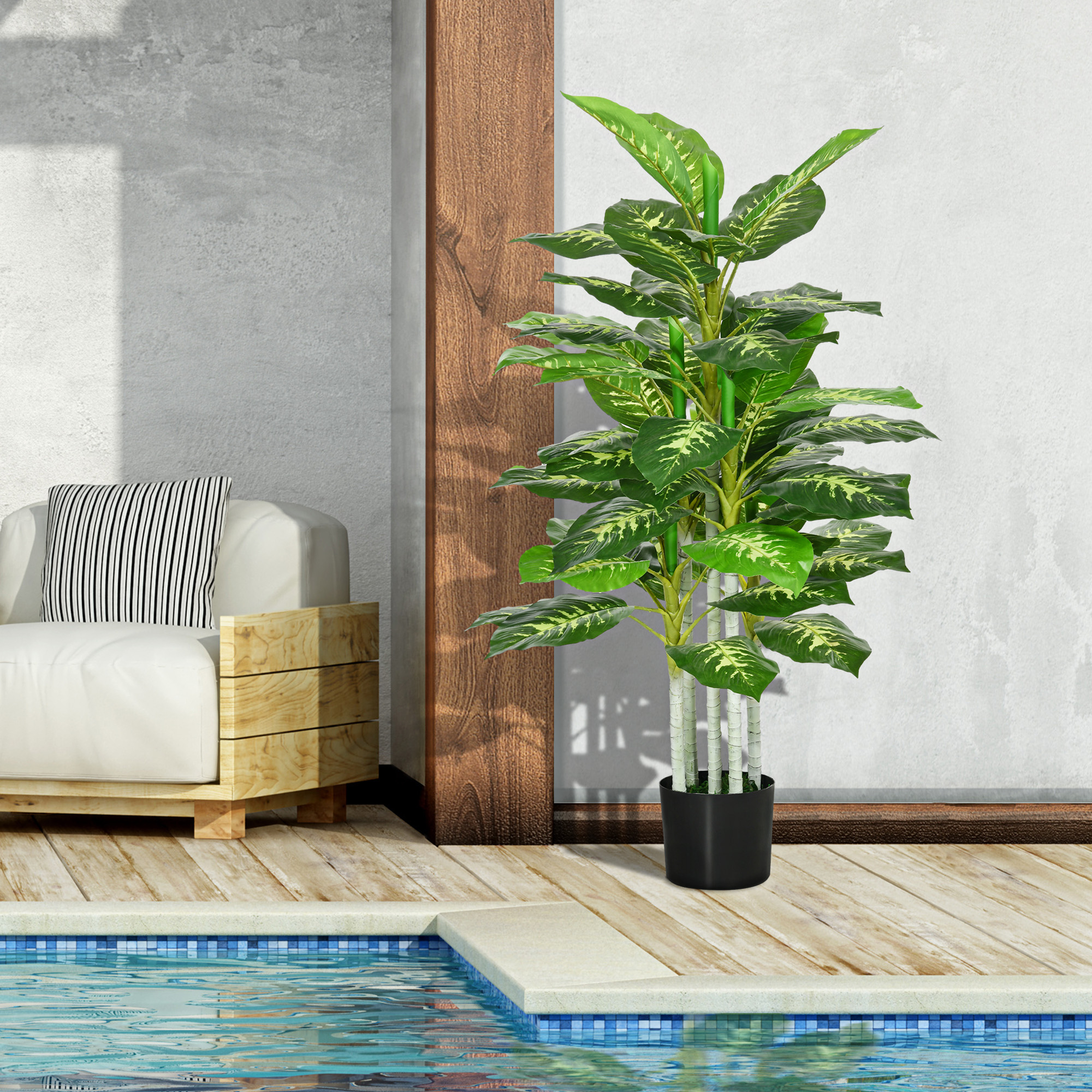 Kunstpflanze, Kunststoff-Pflanze, Zementtopf, Indoor und Outdoor, 120 cm, Grün