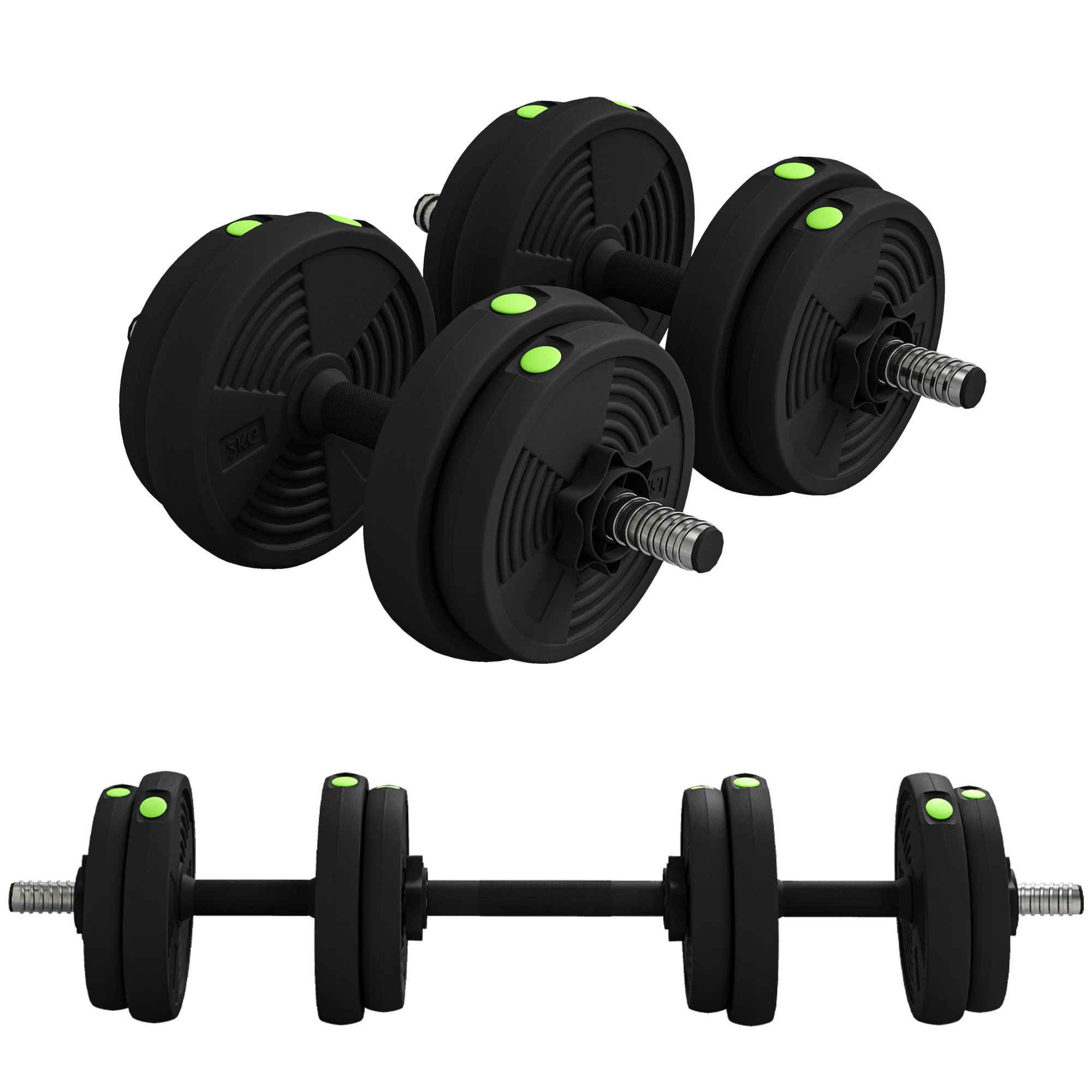 2-in-1 Hantel-Set, Lang- & Kurzhantel, 15 kg, rutschfest, bodenschonend, Schwarz/Grün