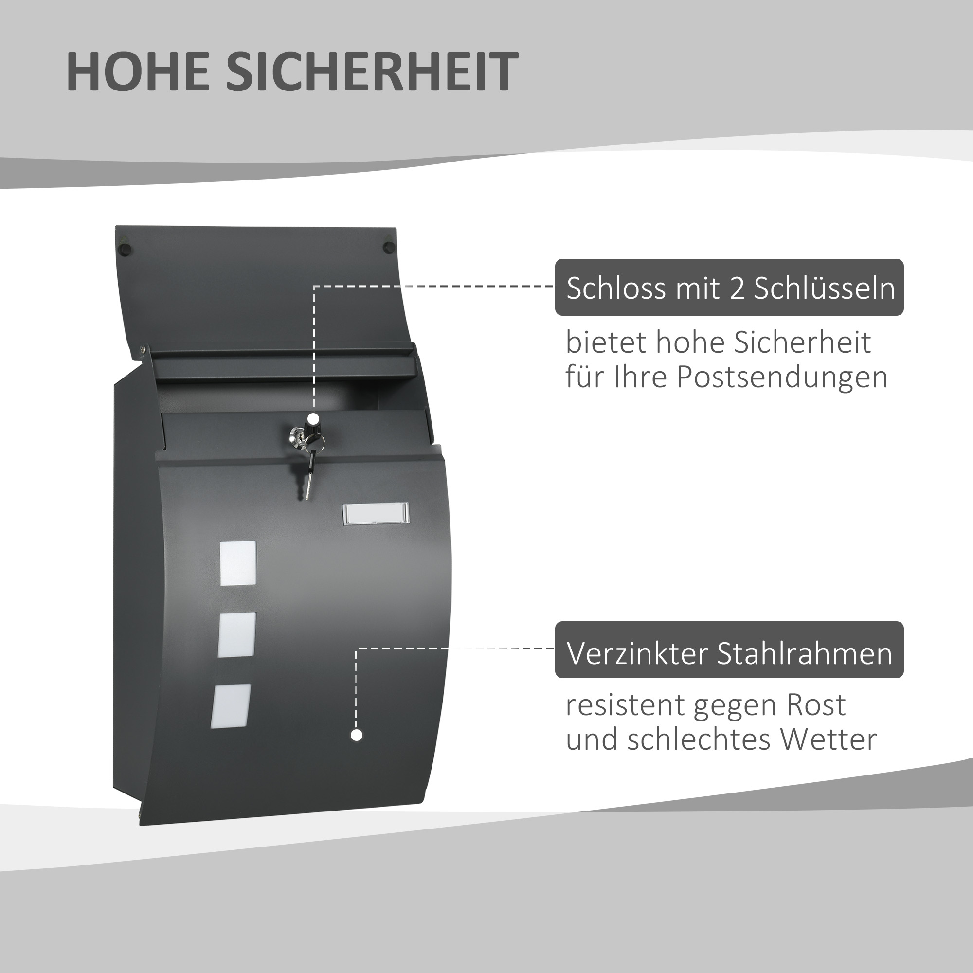 Briefkasten mit Schloss, verzinkter Stahl, 30 cm langer Postschlitz, Grau