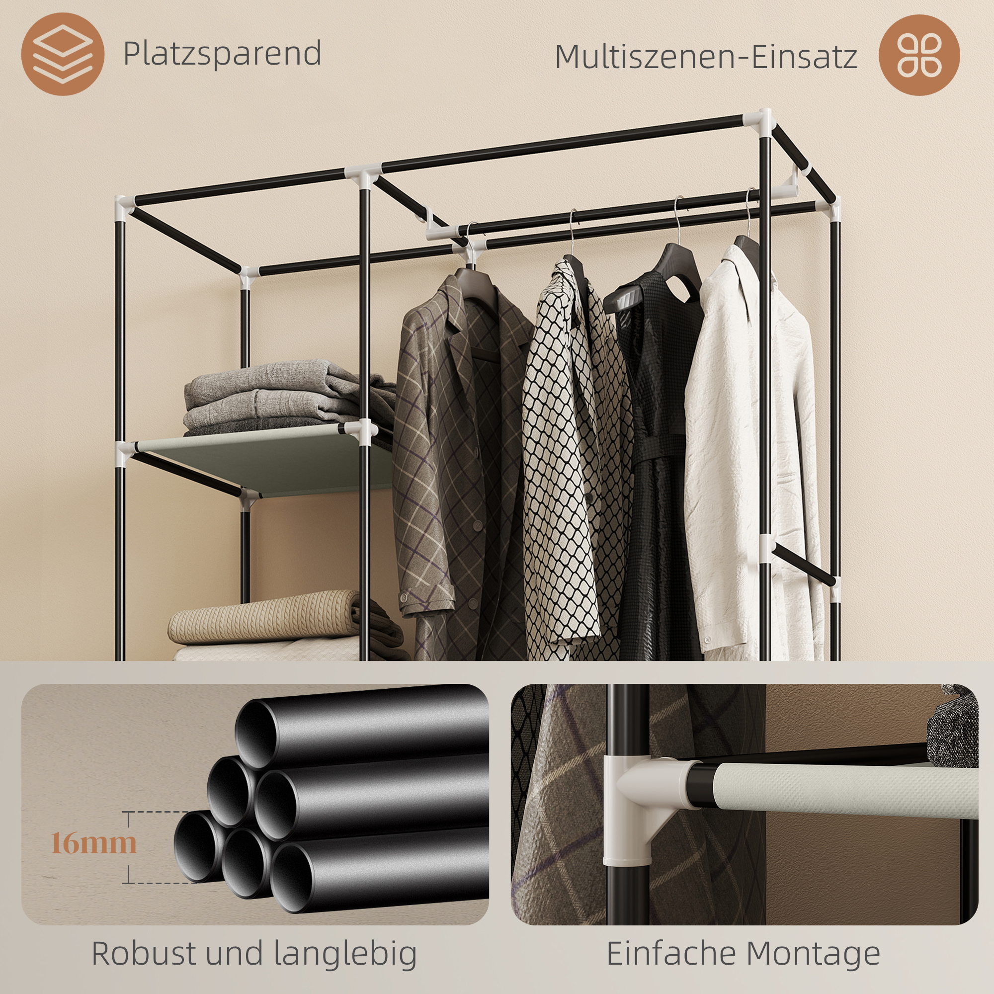 Schrank aus Stoff, Aufbewahrungslösung, 6 Regale, 1 Kleiderstange, Creme