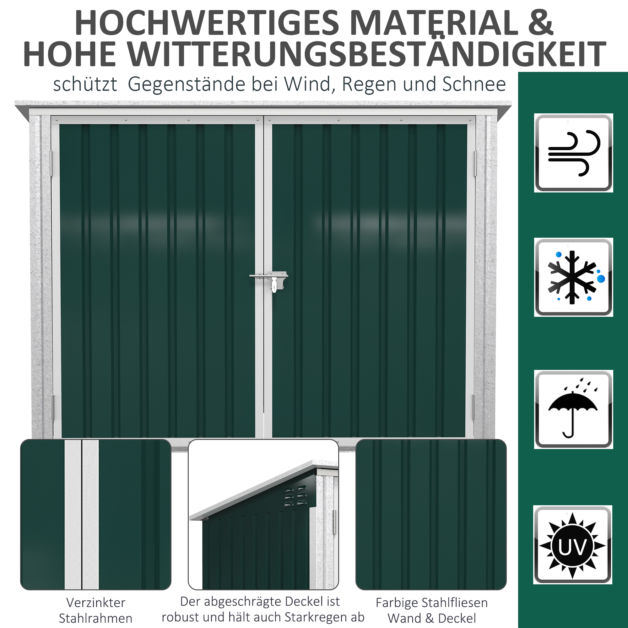 Mülltonnenbox Müllbox Storer abschließbar Gerätebox für 2 Mülltonnen Stahl 178,5 x 104,5 x 128,5/113 cm Grün