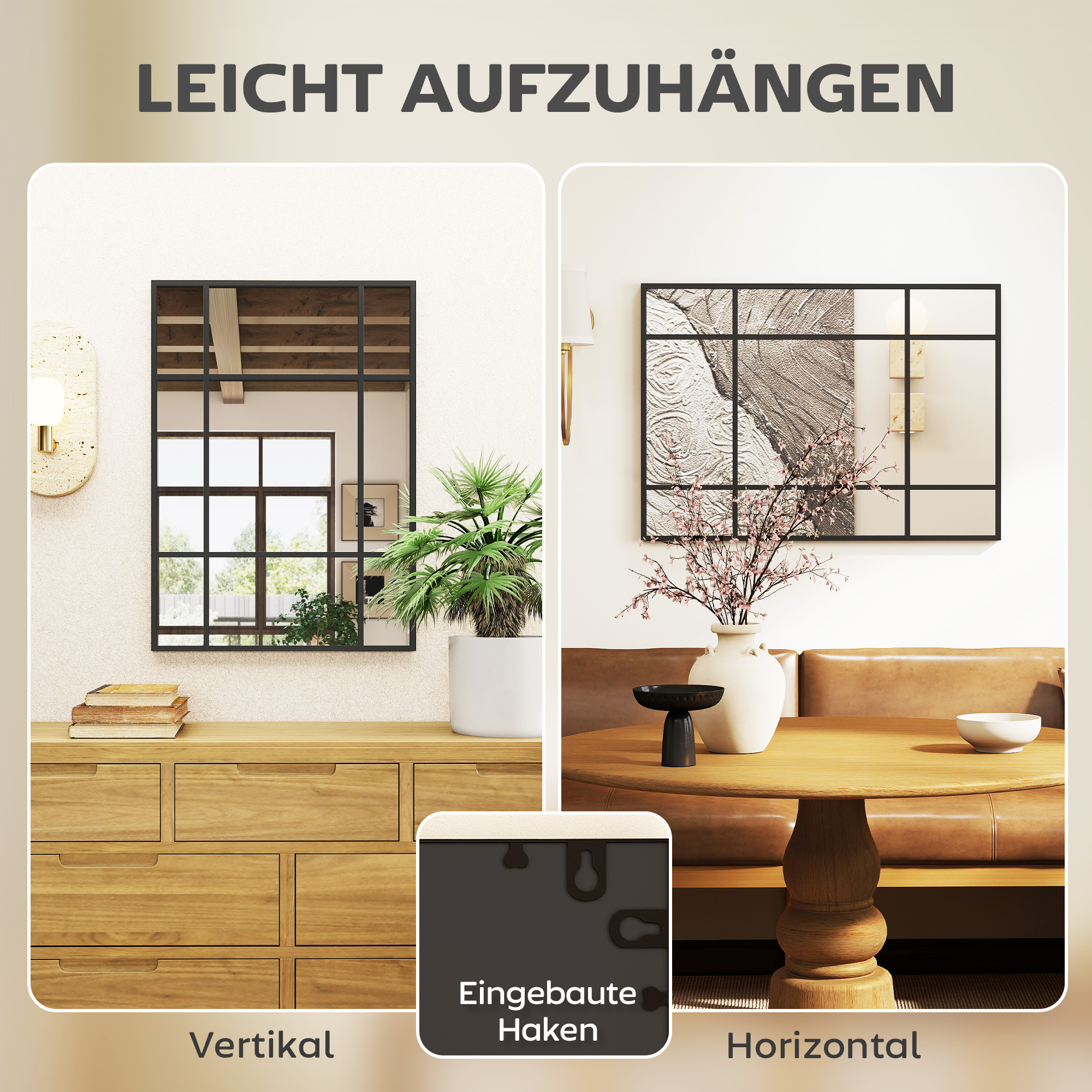 Wandspiegel, dekorativer Spiegel mit Metallrahmen, schwarze Streifen, Mehrschichtglas, 50B x 2T x 70H cm