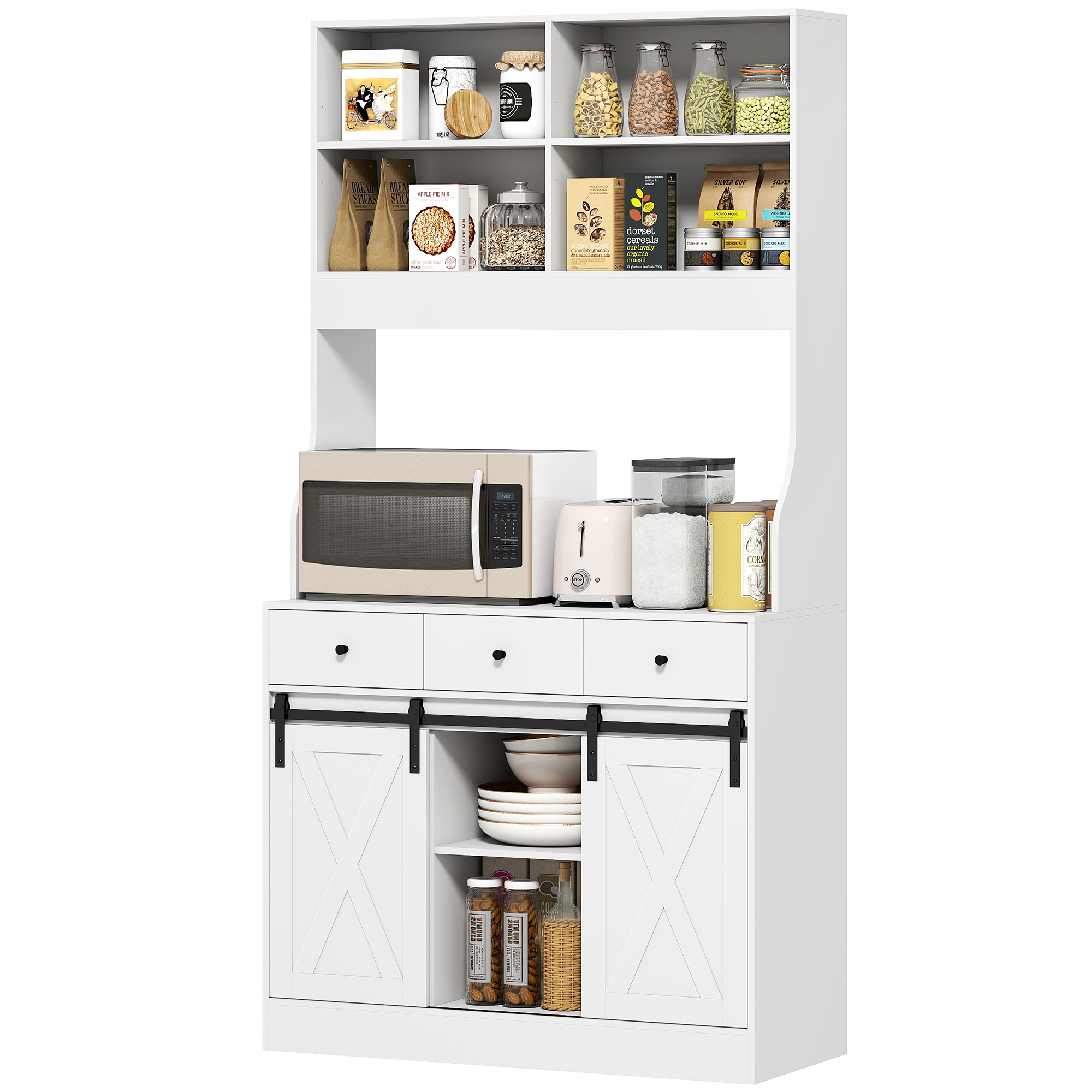 Küchenschrank mit Regalen, Schränken, Schubladen und Ablagefläche, Bauernhaus-Flair, verstellbare Regale, Holz, Weiß