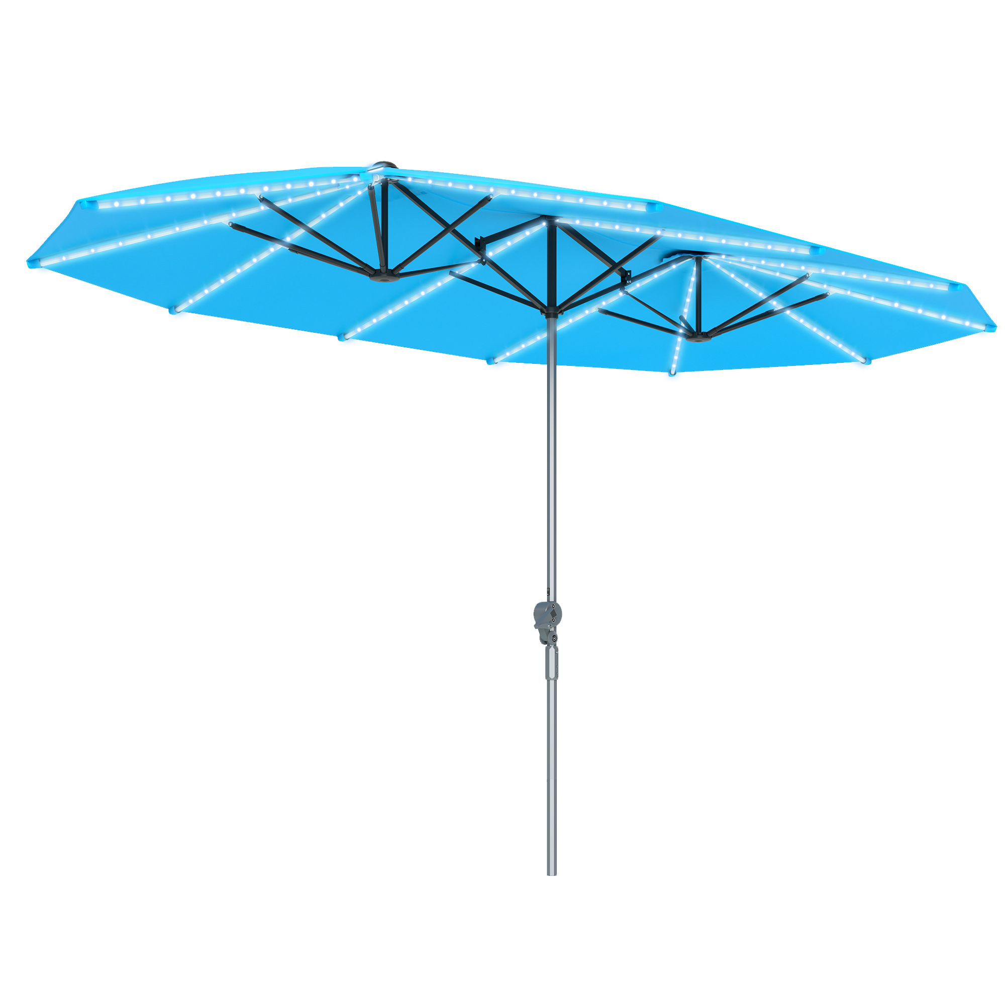 Doppelschirm mit Solar-Lichtern, Aluminium, Polyester, UPF50+ Schutz, UV-beständig, Terrassenschirm, Blau Doppelschirm mit Solar-Lichtern, Aluminium, Polyester, UPF50+ Schutz, UV-beständig, Terrassenschirm, Blau