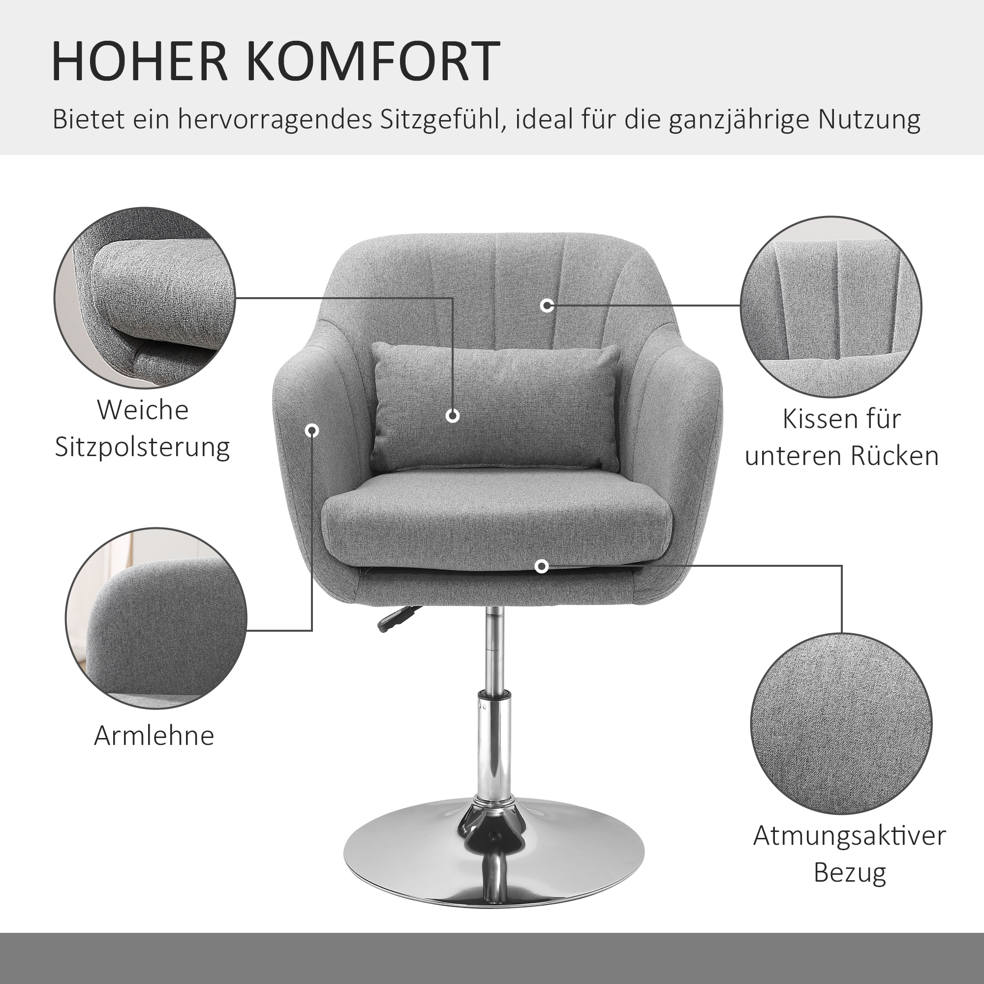 Arbeitshocker Drehhocker bis 136 kg, höhenverstellbar, leinenartiges Polyester, Stahl, Grau, 60 x 60 x 79-91 cm