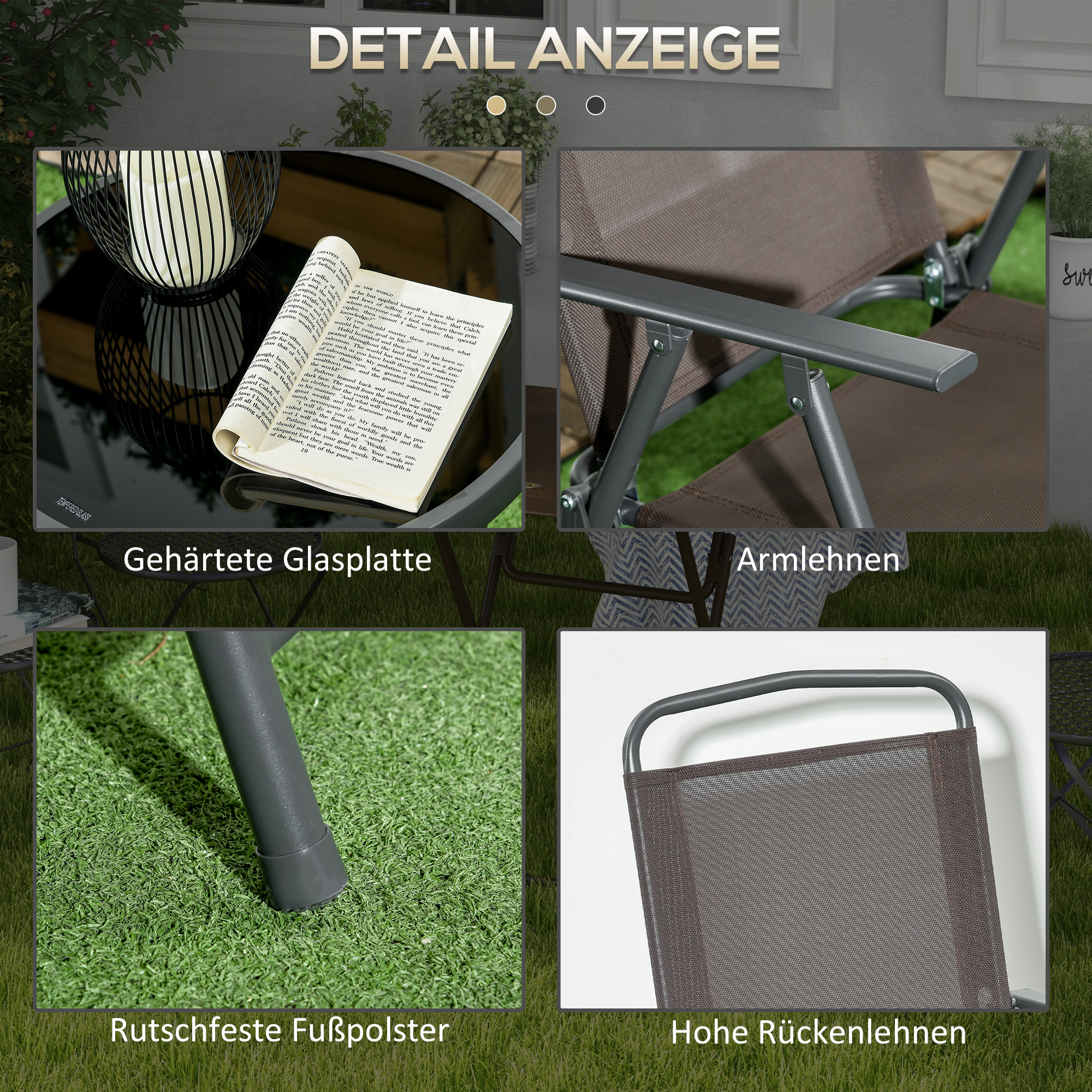 Bistro-Set 3-teilig aus Metall Wetterfest Gartenmöbel Set mit klappbar Glastisch Gartenstühlen Braun