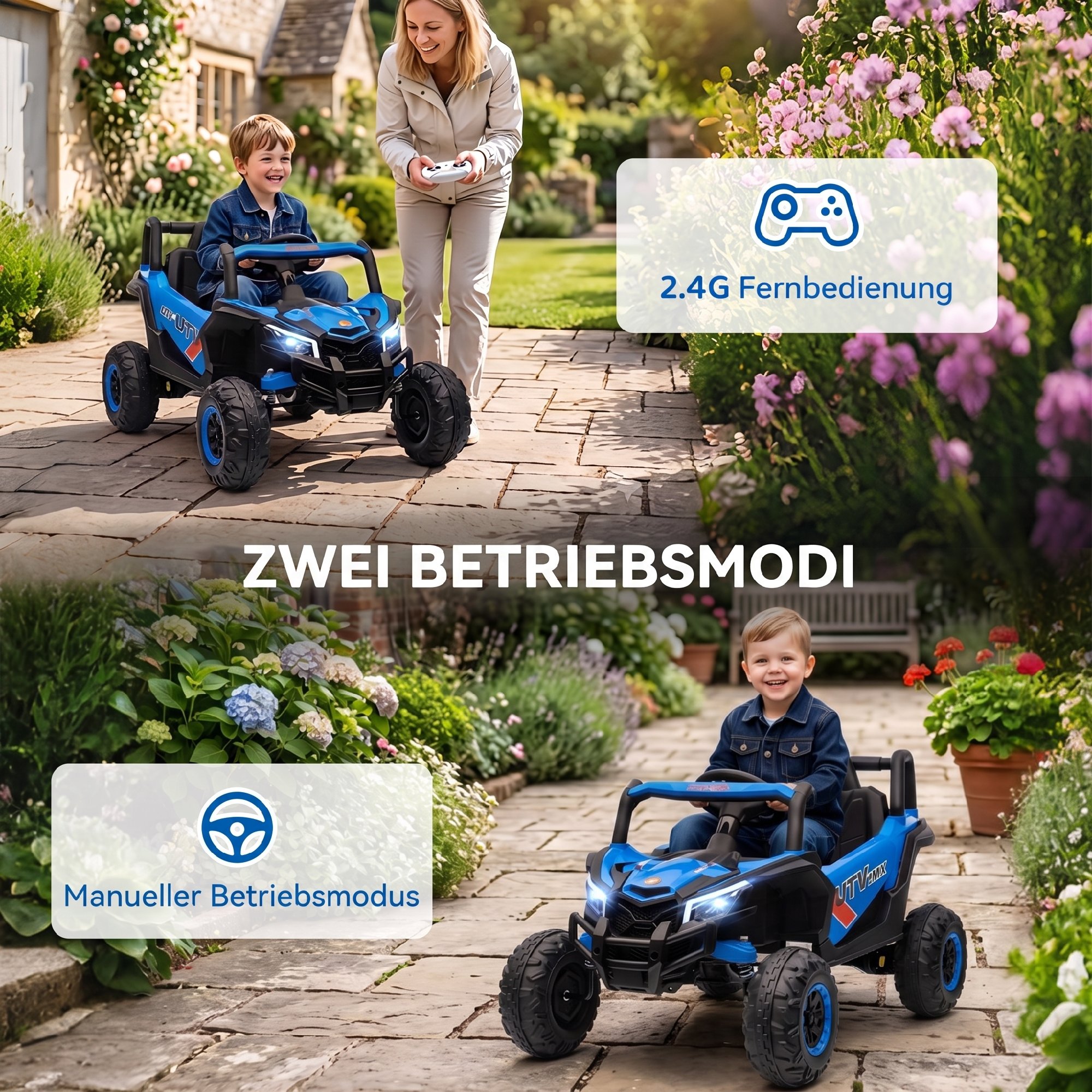 12V Elektroauto für Kinder, Fernbedienungsfunktion, Gurt, Hupe, LED-Lichter, USB-Port, für 3-5 Jahre, Blau