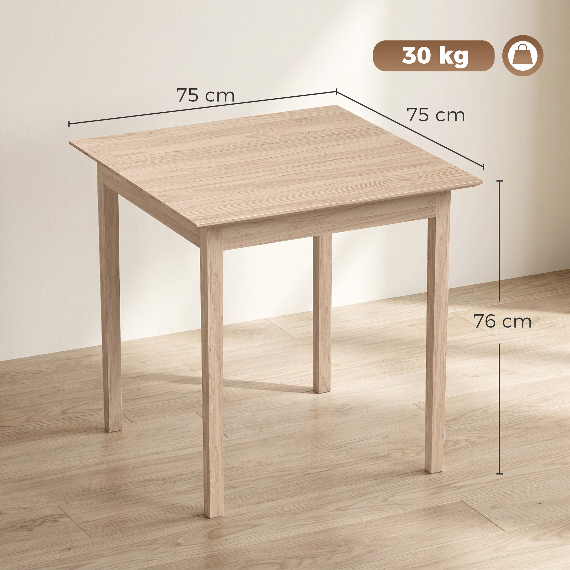 Küchentisch Esstisch Quadratischer Tisch, modernes Design, 75 cm x 75 cm x 76 cm, Naturholz
