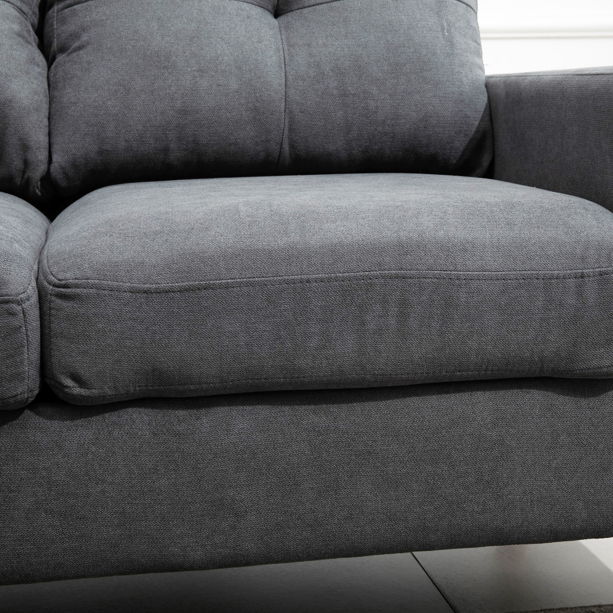 Ecksofa im Skandidesign, mit Knopfheftung, Massivholz, Leinenoptik, Grau