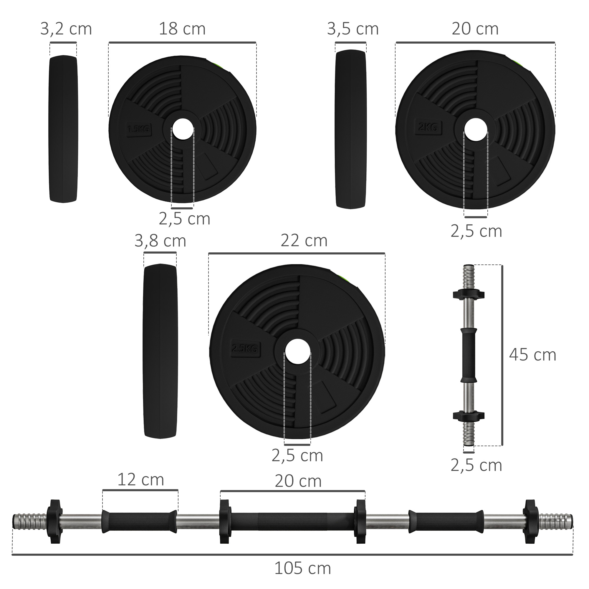 2-in-1 Hantel-Set, Lang- & Kurzhantel, 25 kg, rutschfest, bodenschonend, Schwarz/Grün