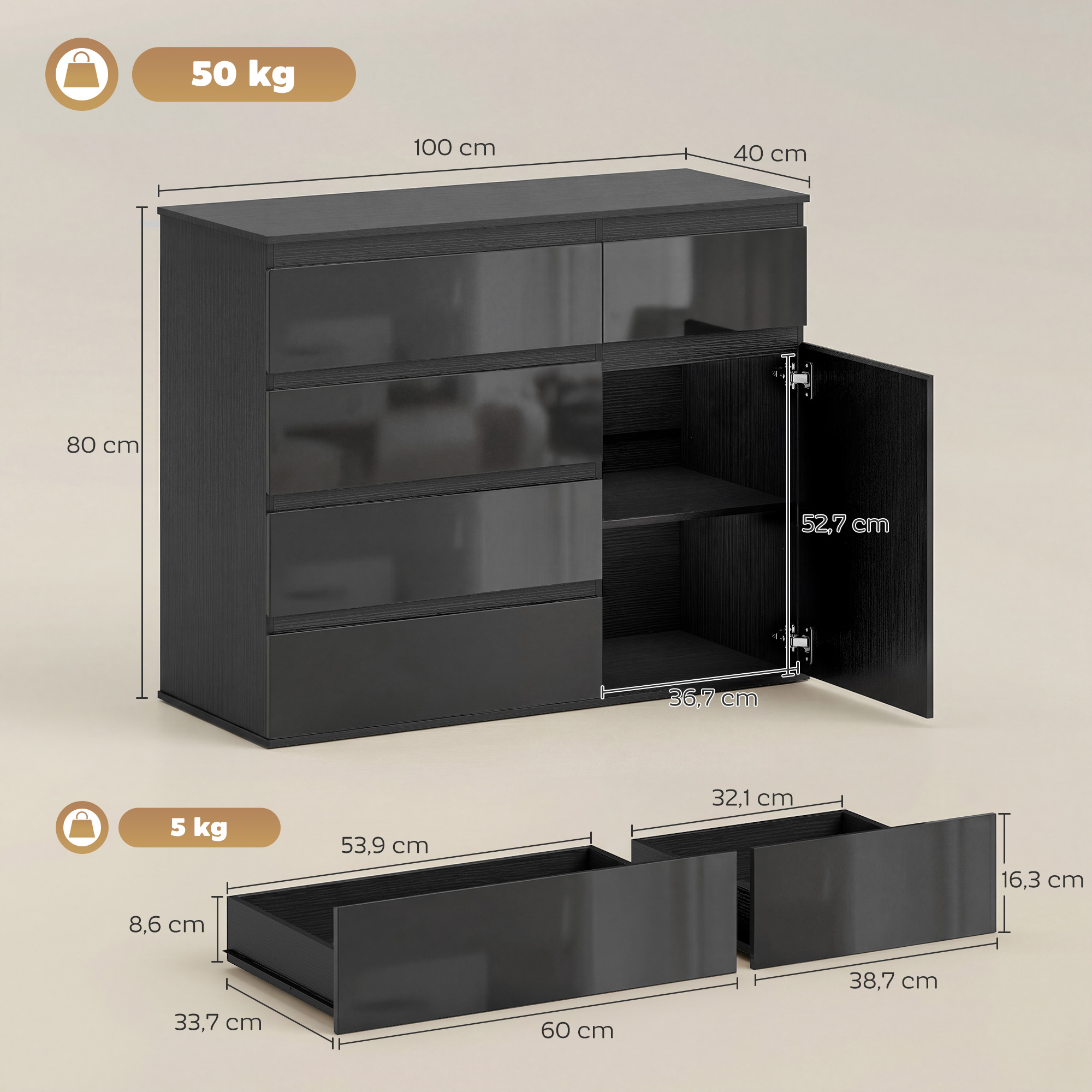 Modernes Sideboard, Stauraum-Sideboard mit 5 Schubladen, verstellbarem Regal, Soft-Close-Tür, Schwarz Hochglanz