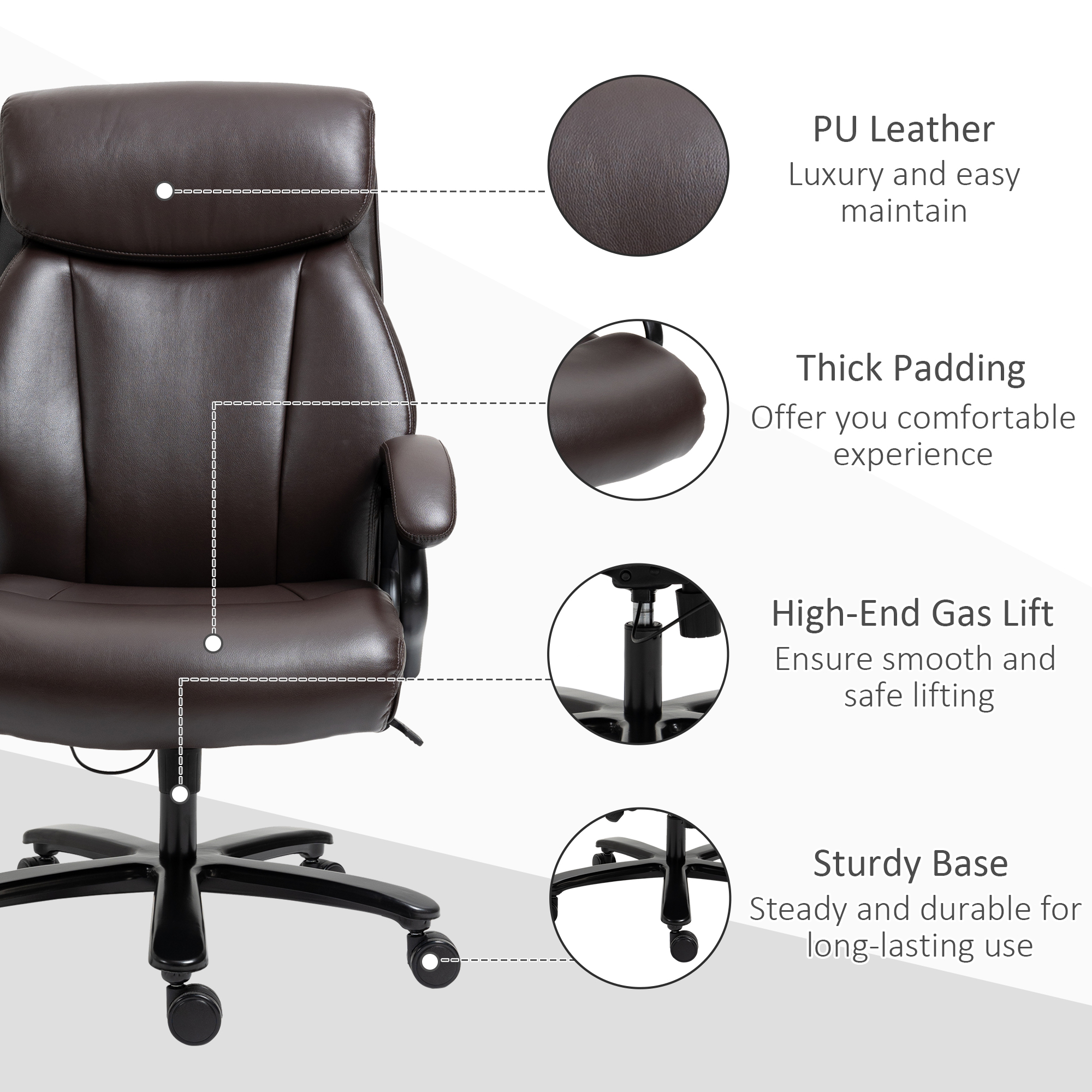 Bürostuhl Chefsessel Gaming Stuhl Drehstuhl Wippfunktion Dicke Polsterung 180 kg Belastbarkeit ergonomisches Design höhenverstellbar Kunstleder Braun 72x83x114-122 cm