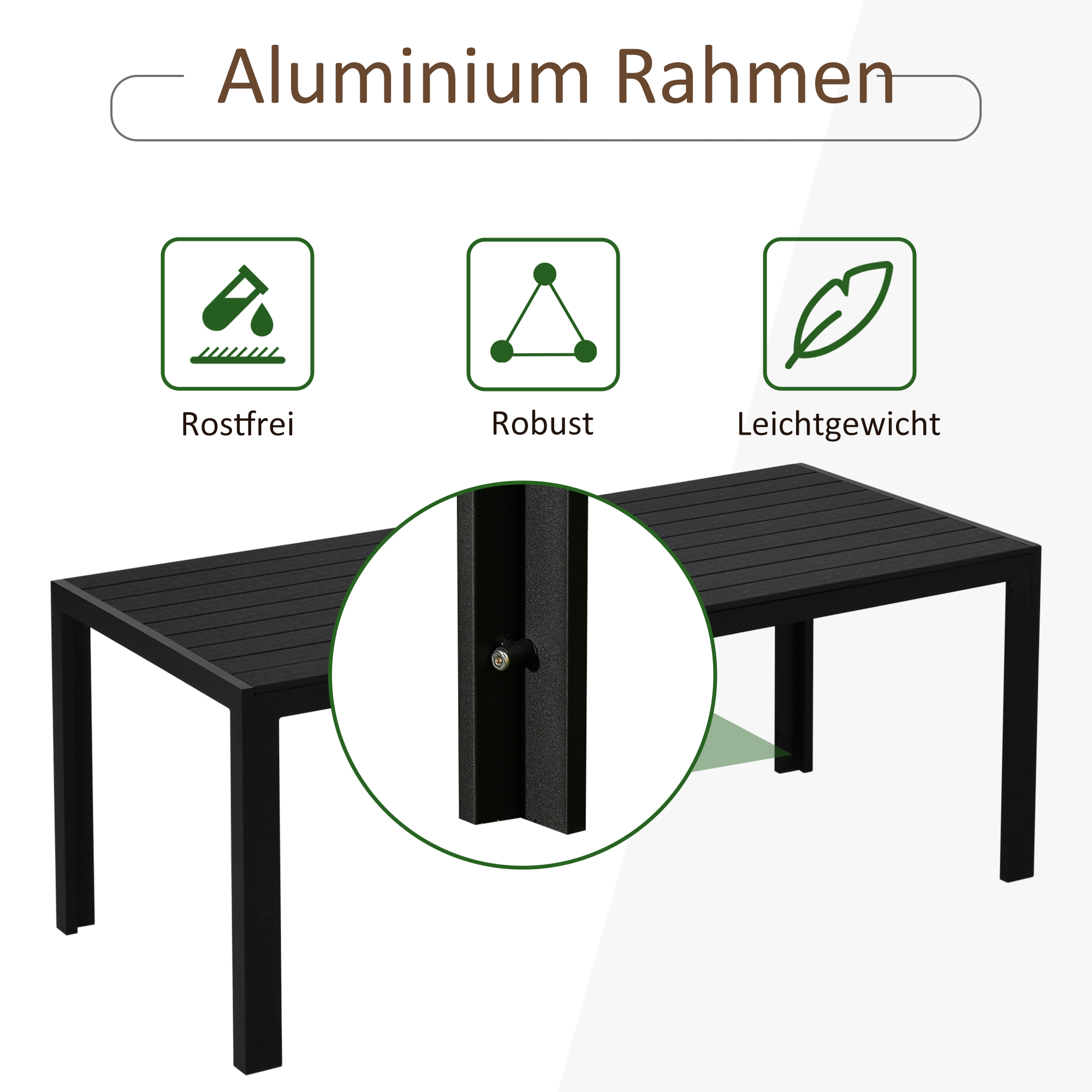 Gartentisch Kunststoff 190 x 84,5 x 72 cm Wetterfest, Holz Optik, Holzstrukur, rutschfest Buffettisch Campingtisch Balkontisch Terrassentisch Outdoor Esstisch für Garten, Balkon Schwarz
