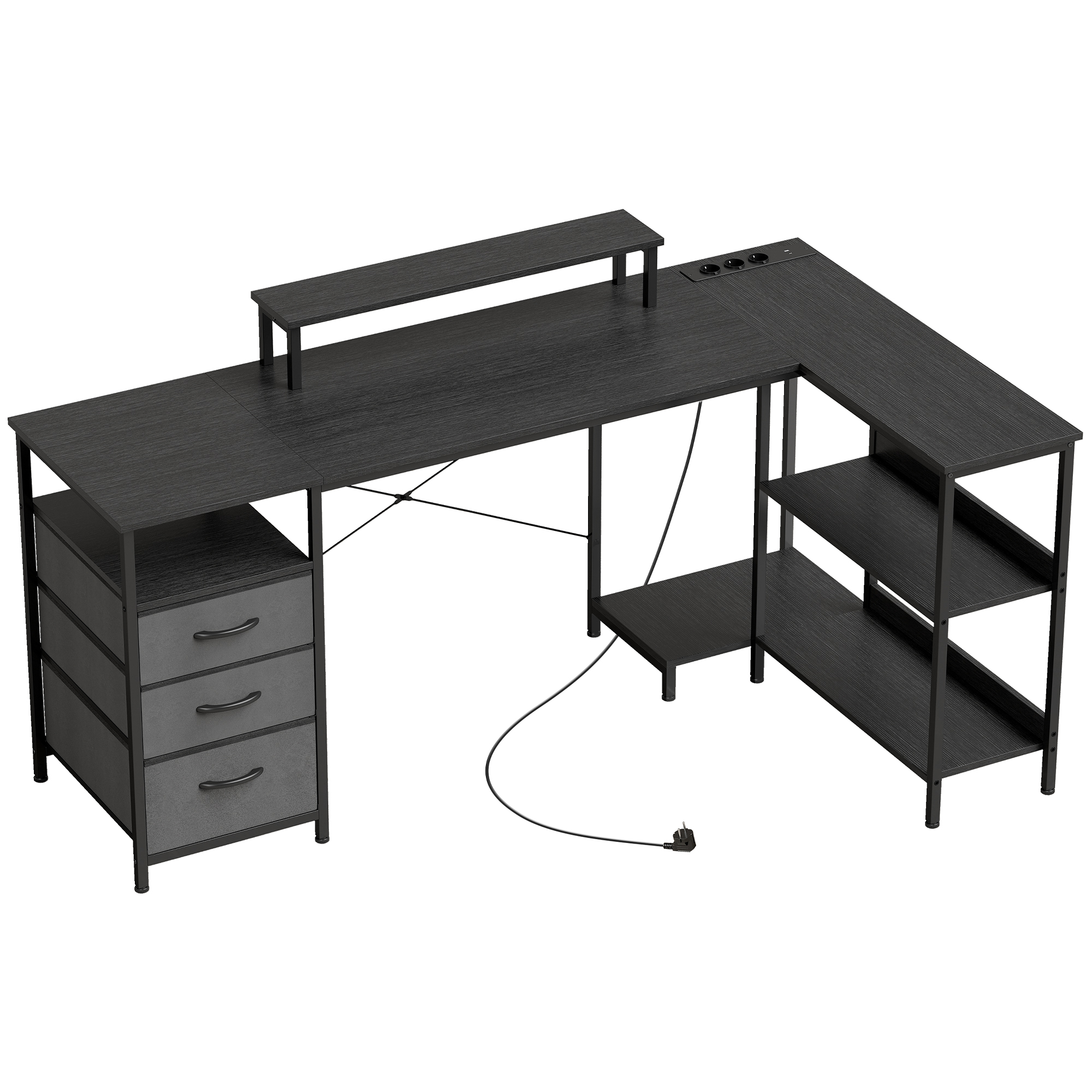 Schreibtisch in L-Form, umkehrbarer Eckschreibtisch mit Schubladen und Regalen, 170 cm, Schwarz