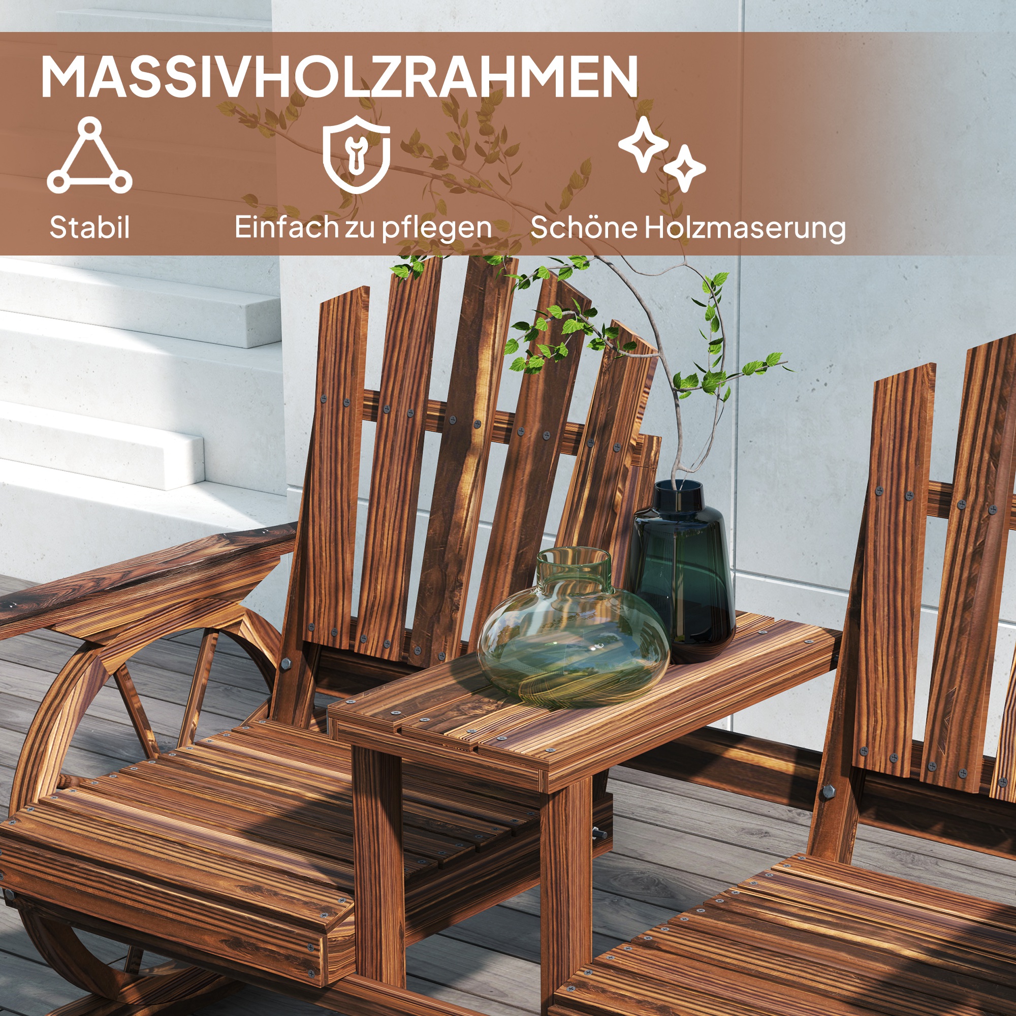 2-Sitzer Gartenbank Holz, wetterfest Sitzbank, mit Schirmloch, Beine im Wagenradform 154 x 65 x 102 cm Verkohlt
