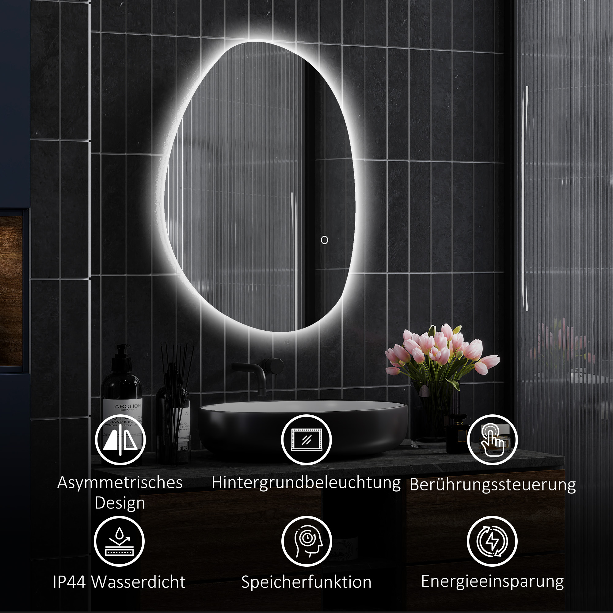 70 x 50 cm Asymmetrischer Badspiegel mit LED-Licht, Smart Touch Schalter, Anti-Beschlag-Funktion, Silber