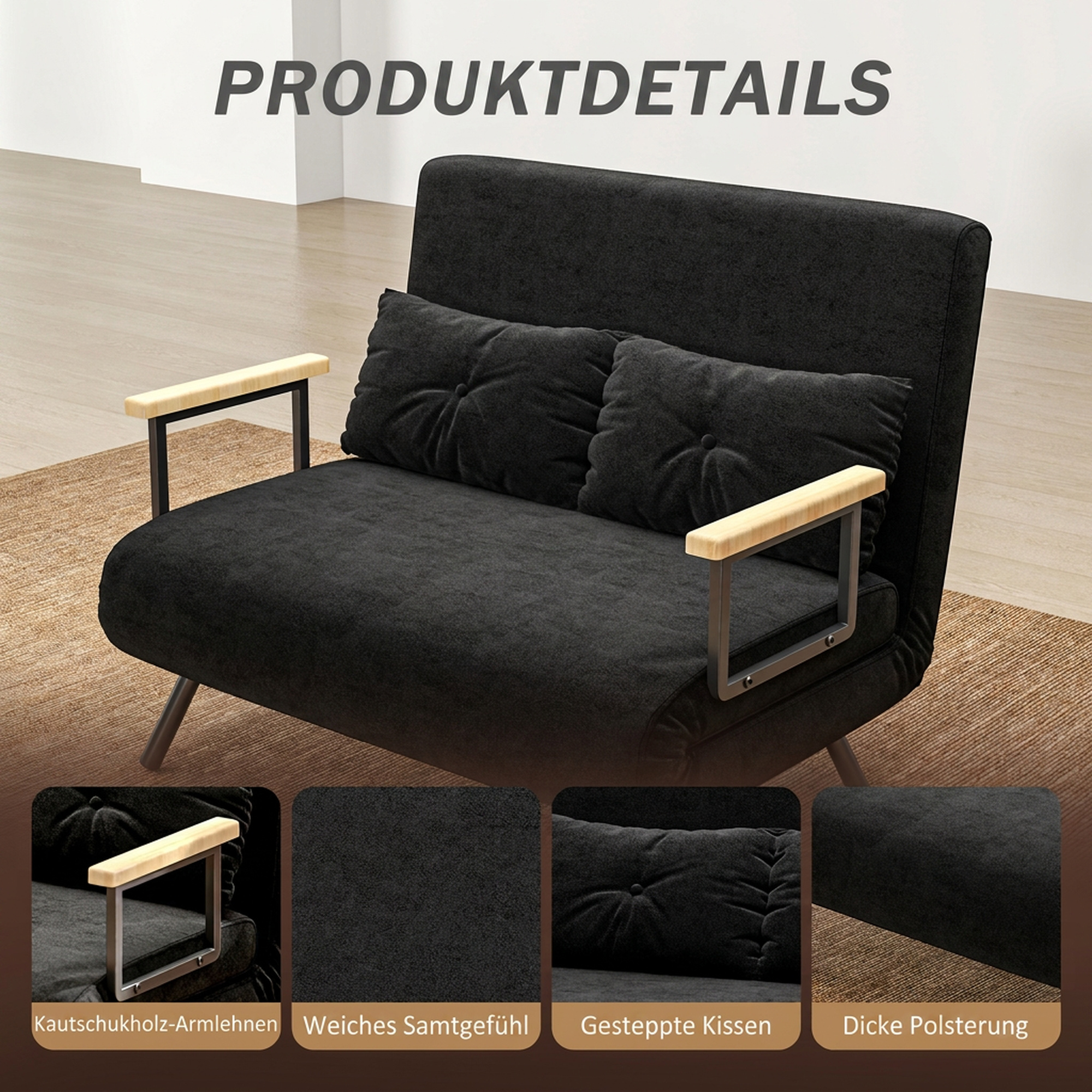 Schlafsofa 2er-Sofa Samtsofa, Schlaffunktion, inkl. 2 Kissen, Samtoptik, Schwarz
