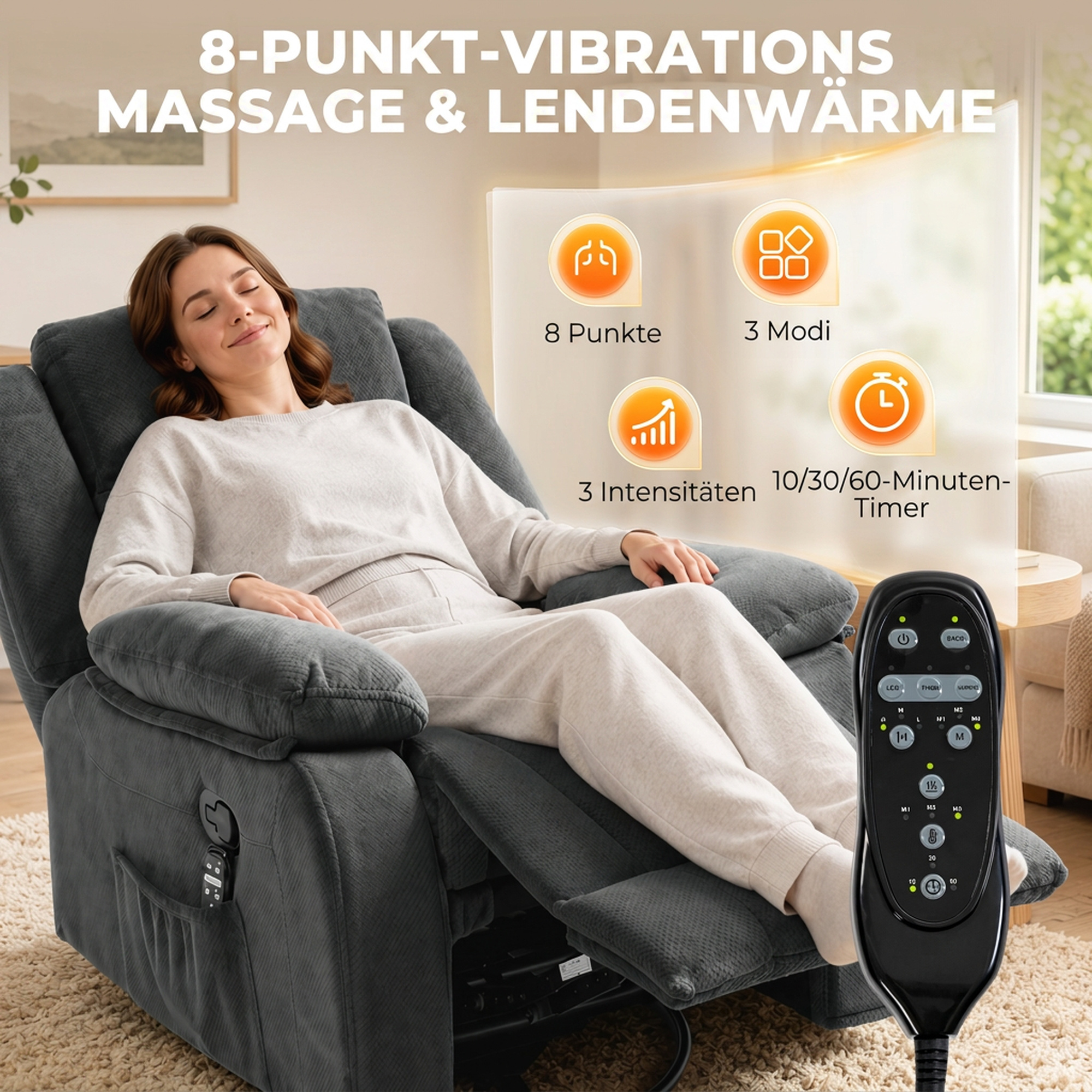 Relaxsessel mit Vibrationsmassage und Wärme, manuell verstellbarer Drehsessel mit Schaukelfunktion und Taschenfederkern, Grau