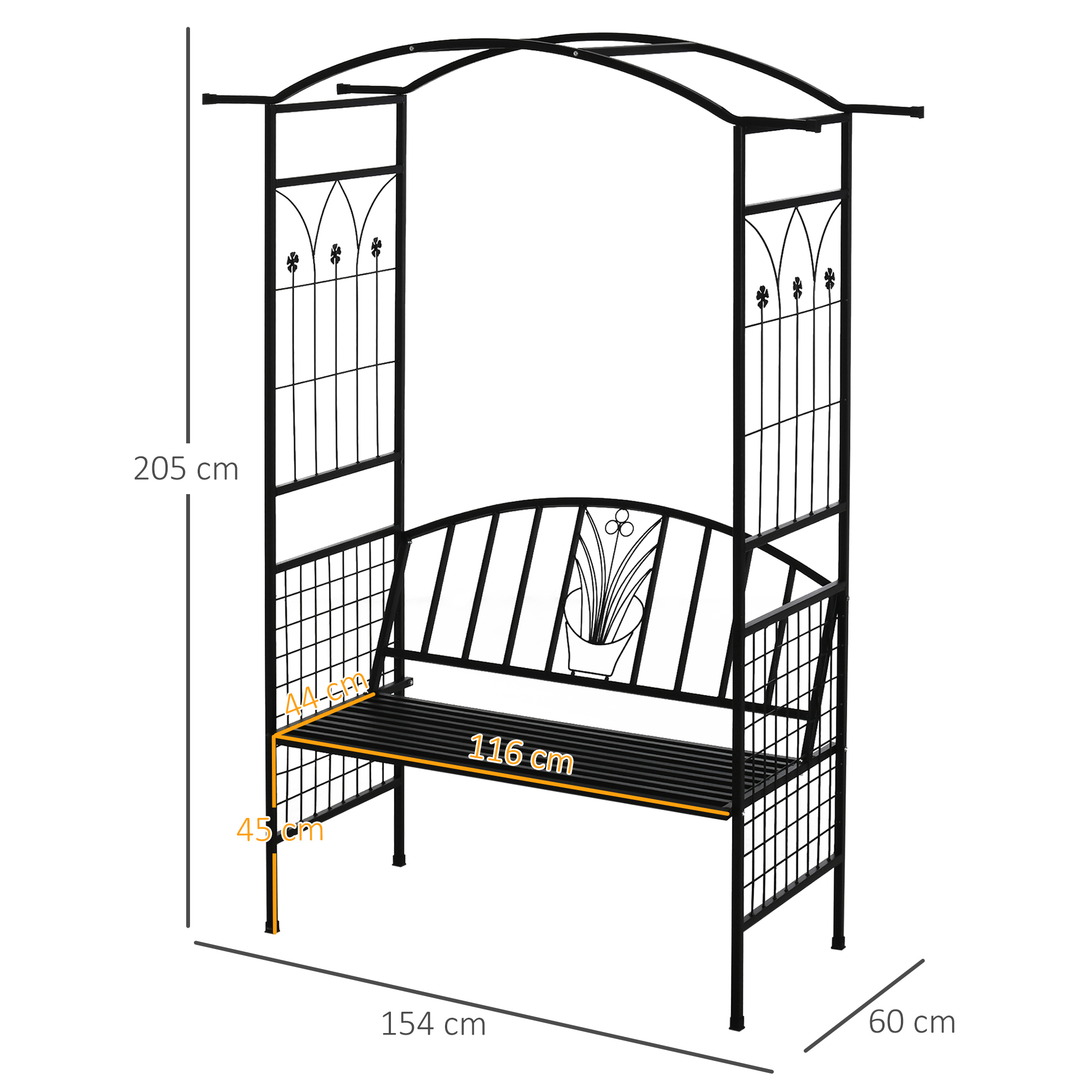 Pflanzbogen mit Bank Sitzbank Torbogen Rankgitter Rankhilfe Garten Bogendach Metall Schwarz 154 x 60 x 205 cm