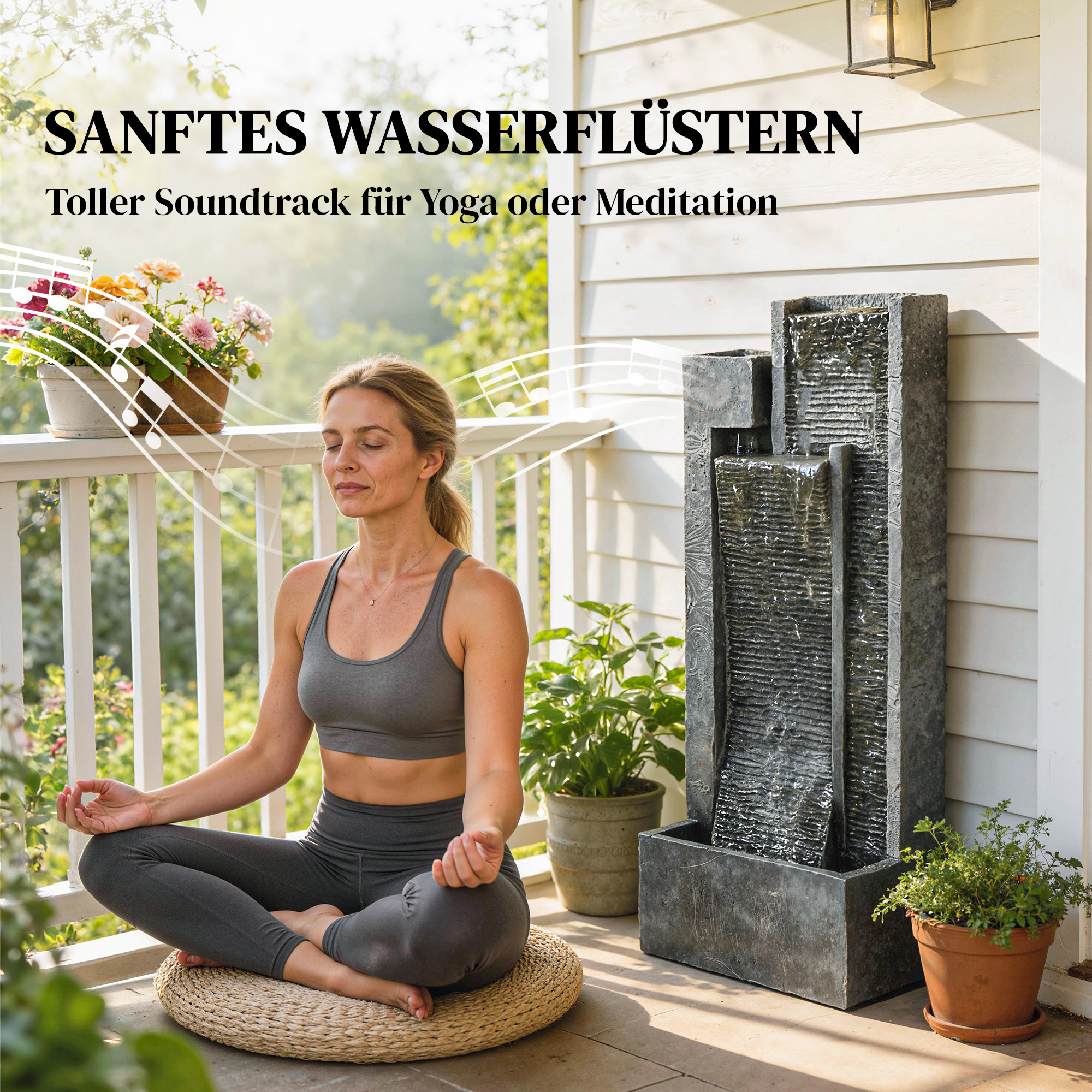 Springbrunnen 3-stufig Gartenbrunnen mit LED Beleuchtung Pflanzkübel Pumpe Steinoptik, Verstellbar 38 x 19 x 101 cm