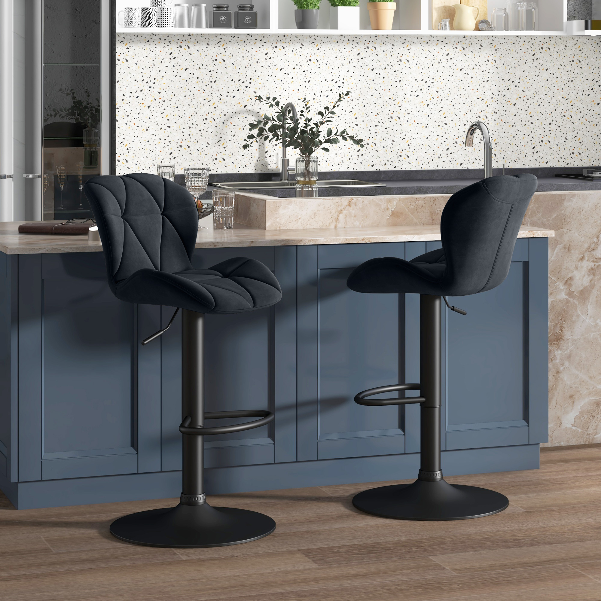 2er-Set Barhocker drehbare Barstühle mit Lehne höhenverstellbarer Bistrohocker Tresenhocker Samt Touch armloser Schaumstoff Schwarz 51,5x 57,5 x 93-114,5 cm