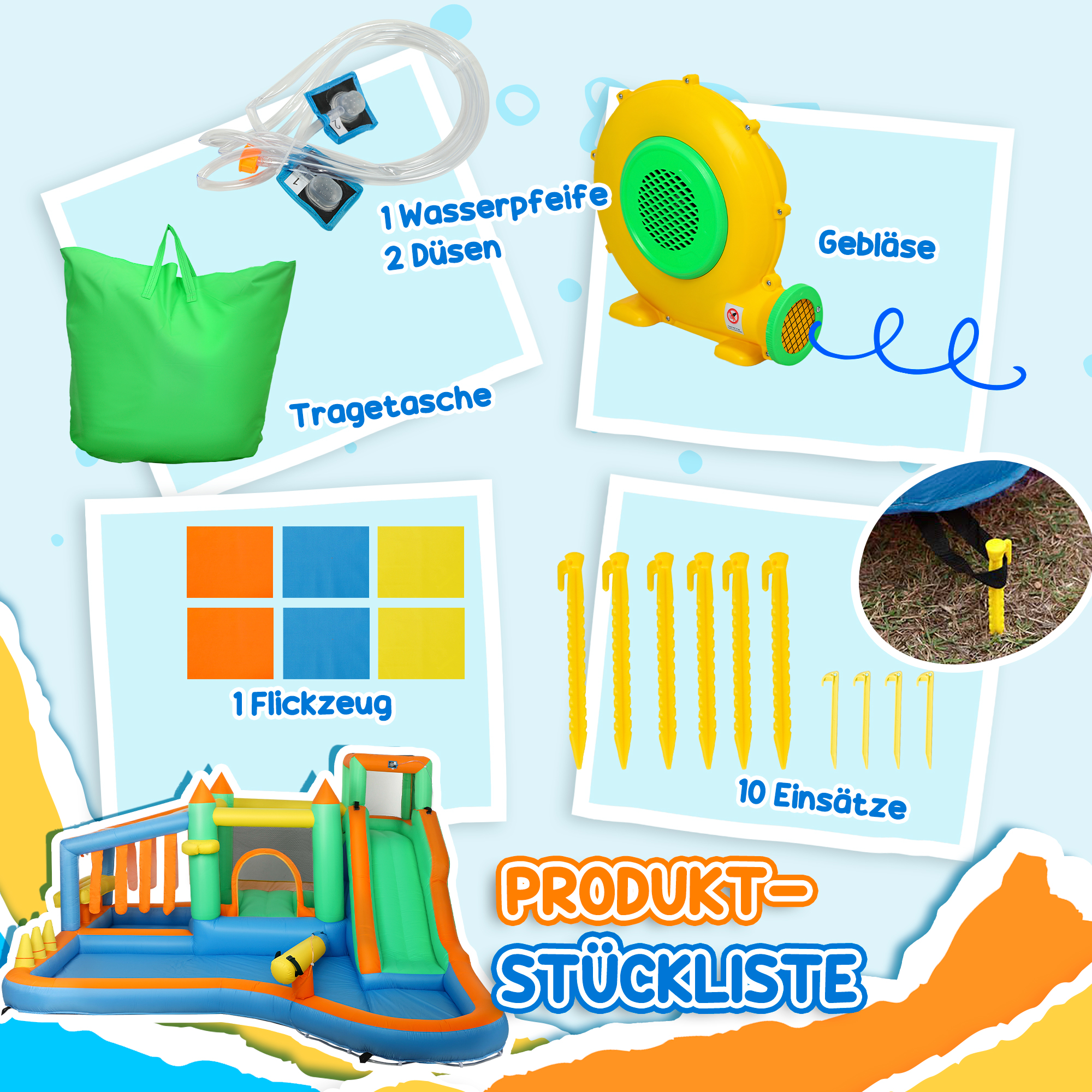 Hüpfburg für Kinder, mit Wasserrutsche, Planschbecken, Kletterwand, für drinnen und draußen, 360 x 315 x 195 cm, Bunt