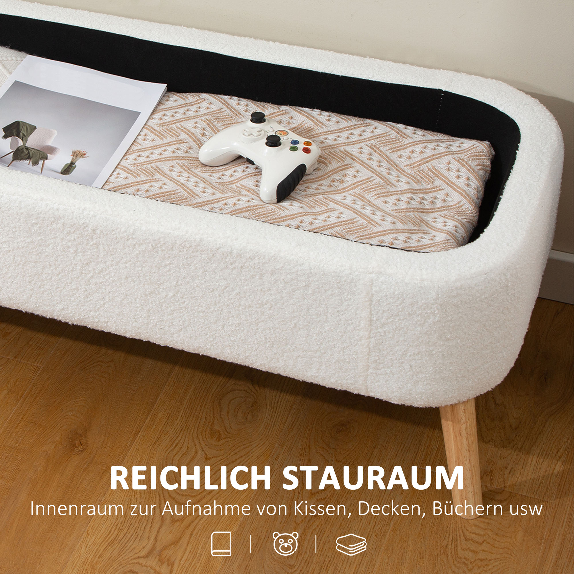 Aufbewahrungsbank, Sitzbank mit 65 L Stauraum, Teddy-Fleece-Stoff, Kautschukholz, 120 x 42 x 45 cm, Cremeweiß