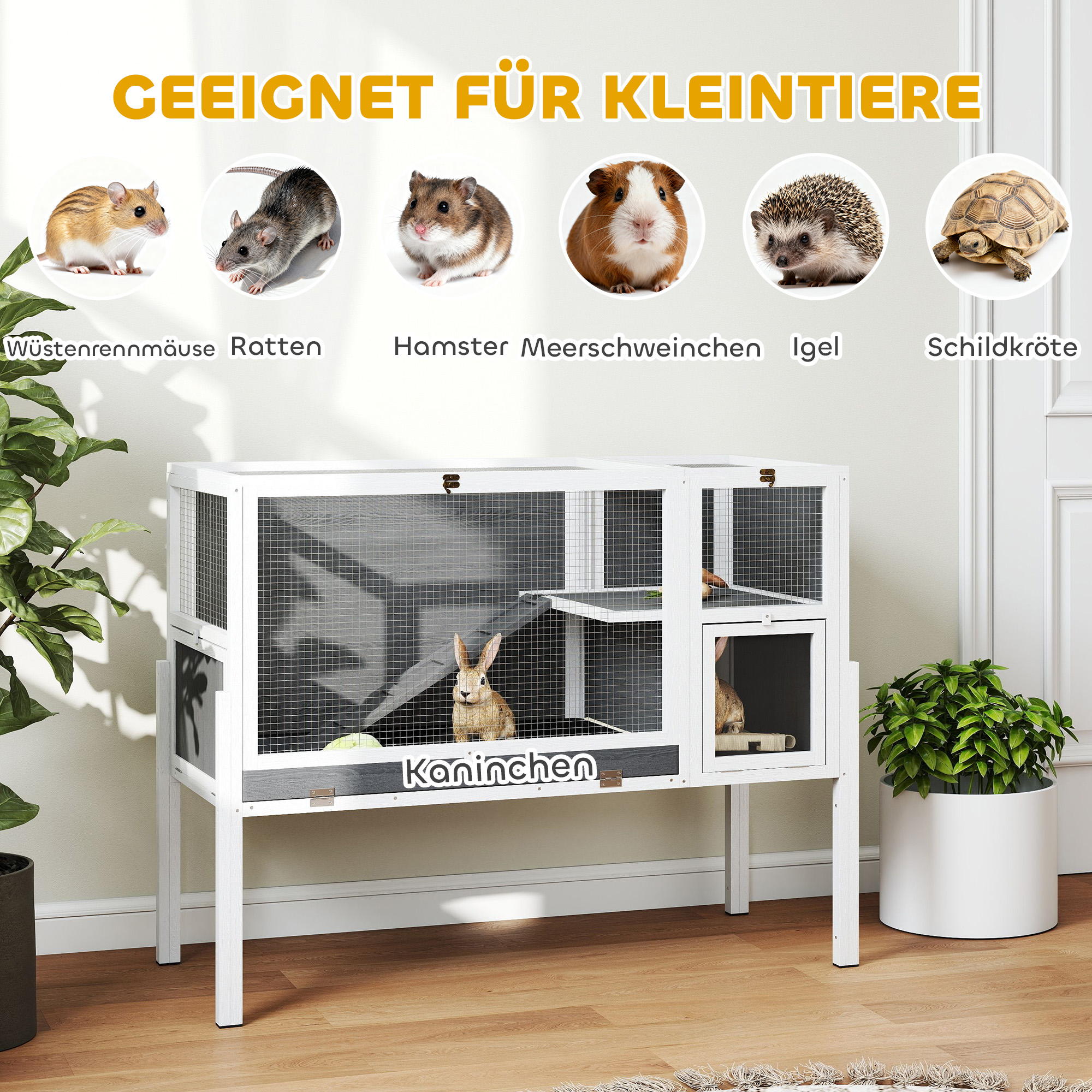 Kleintierstall für Zwerghamster, Kaninchen, Meerschweinchen, mit Zubehör, erhöhtes Design, Holz, Metall, Grau