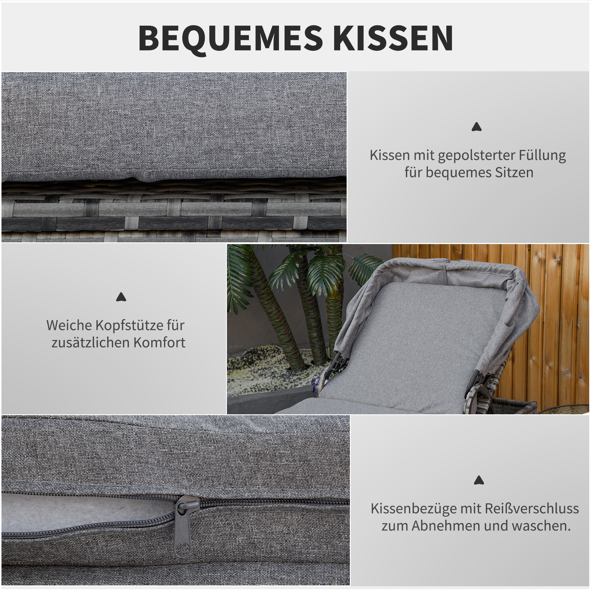 Sonnenliege aus Polyrattan mit Sonnendach Gartenliege verstellbar Rattanliege Gartenmöbel Liege mit Kissen Grau 195 x 65 x 40 cm