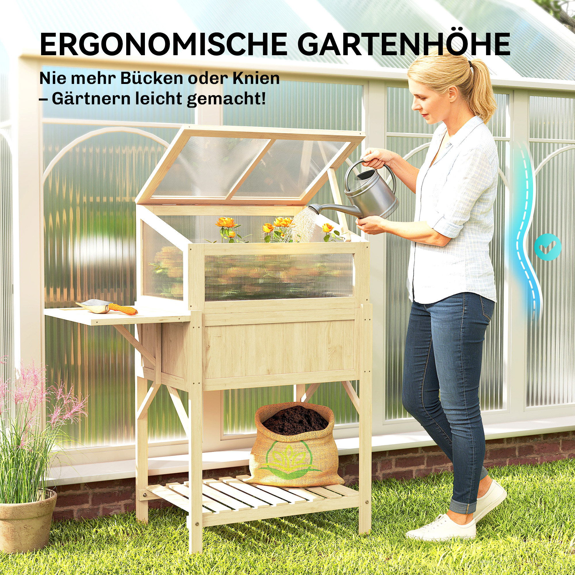 Hochbeet mit Frühbeetaufsatz aus Holz Pflanzkasten mit Gewächshaus klappbar Seitentisch Ablagefach Naturholz