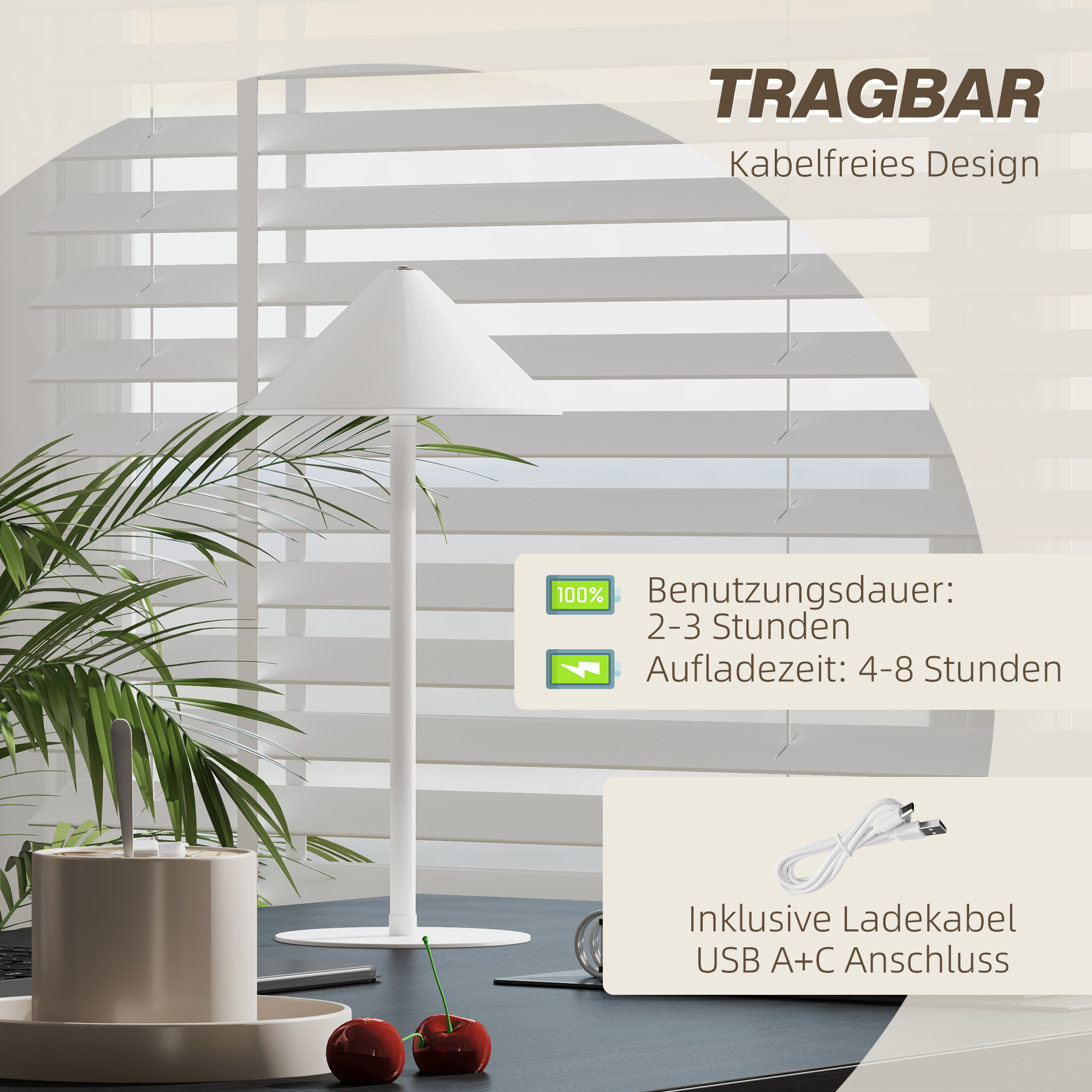 LED-Tischlampe mit USB-Kabel, Touchschalter, Metall, wiederaufladbar, Weiß
