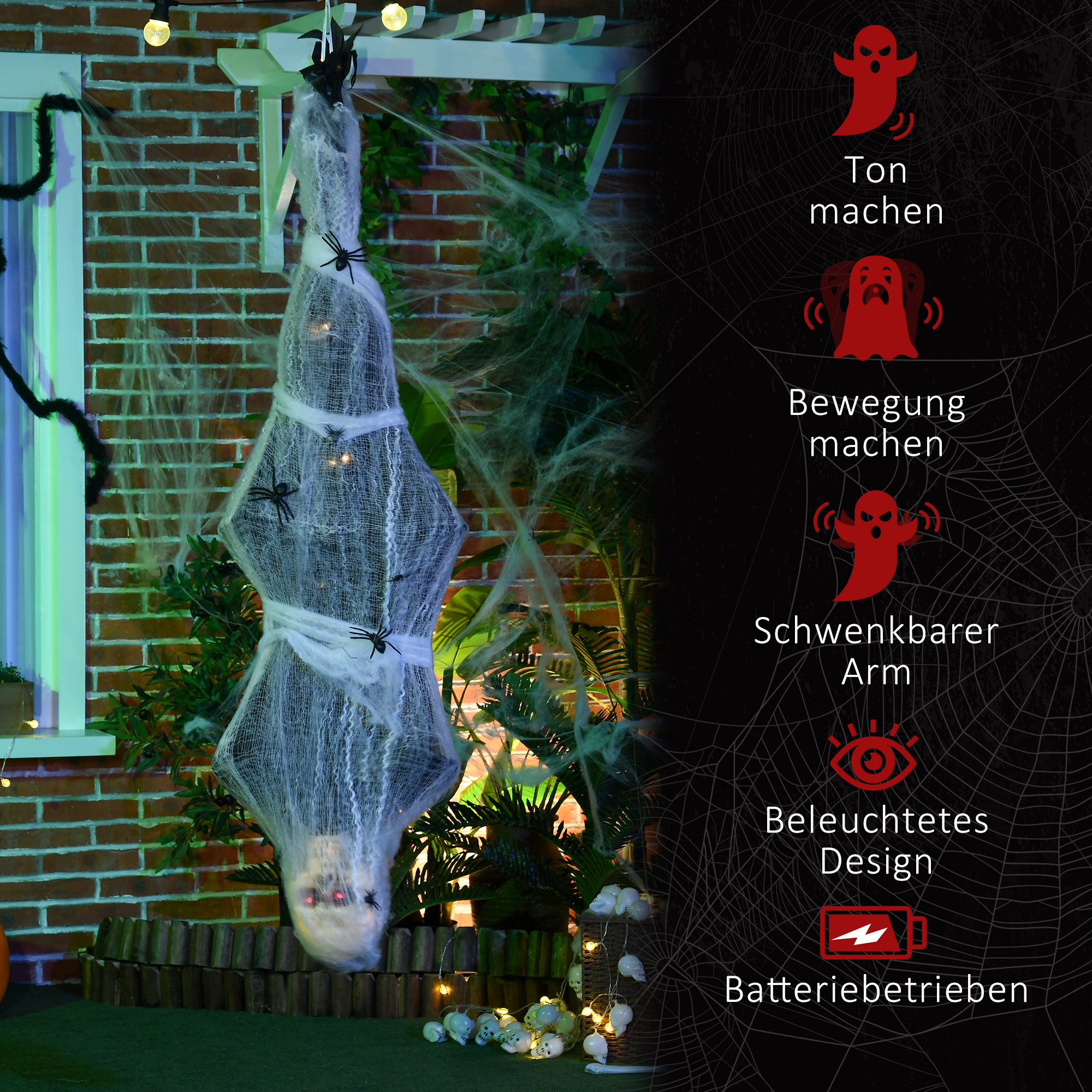 Halloween-Mumie, Halloween-Dekoration, Soundfunktion, mit Bewegungssensor und LED-Lichtern, 60 cm x 16 cm x 170 cm