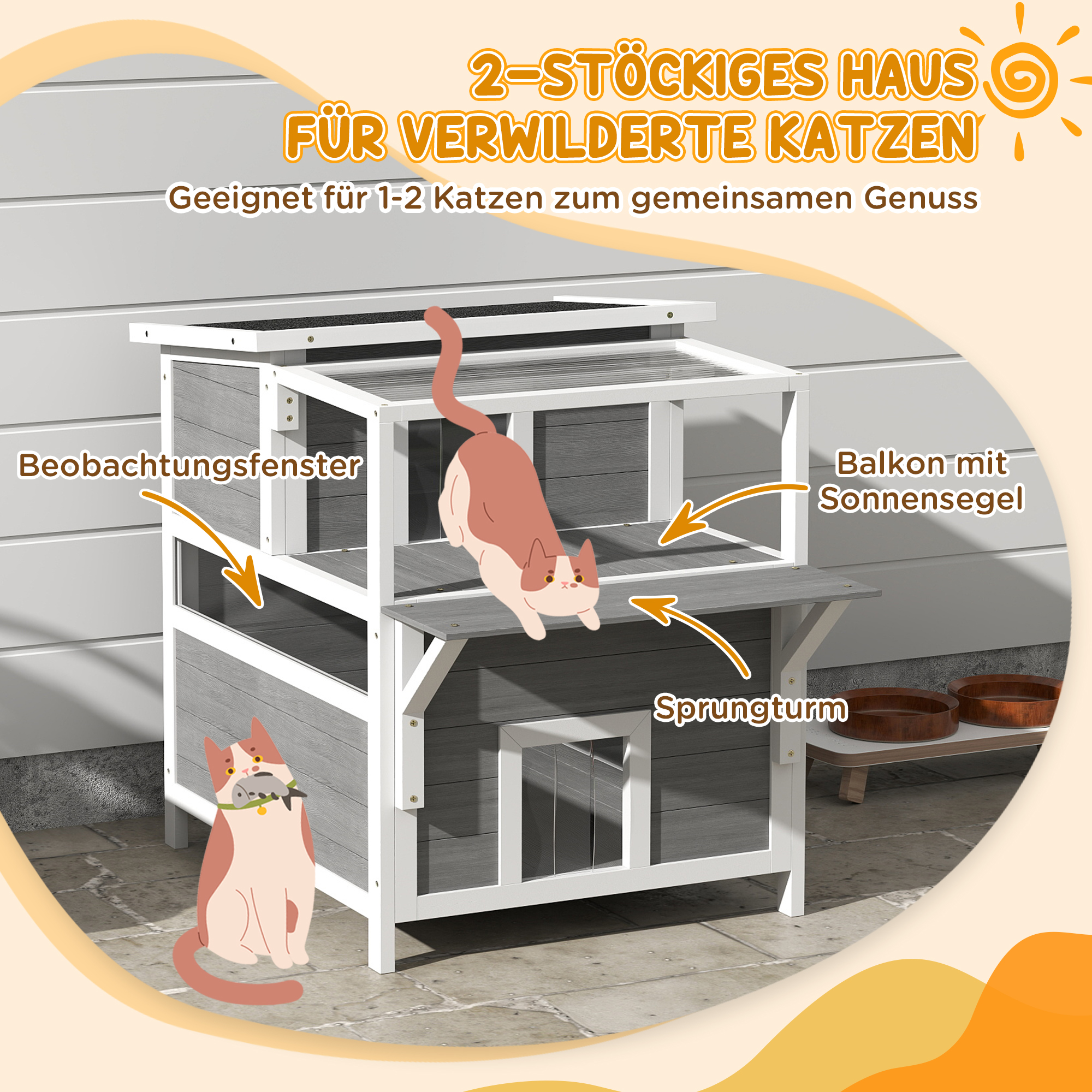 2-stöckiges Katzenhaus mit Balkon, Wetterfeste Katzenhütte, Regen- und Sonnenschutz, für drinnen und draußen, Hellgrau