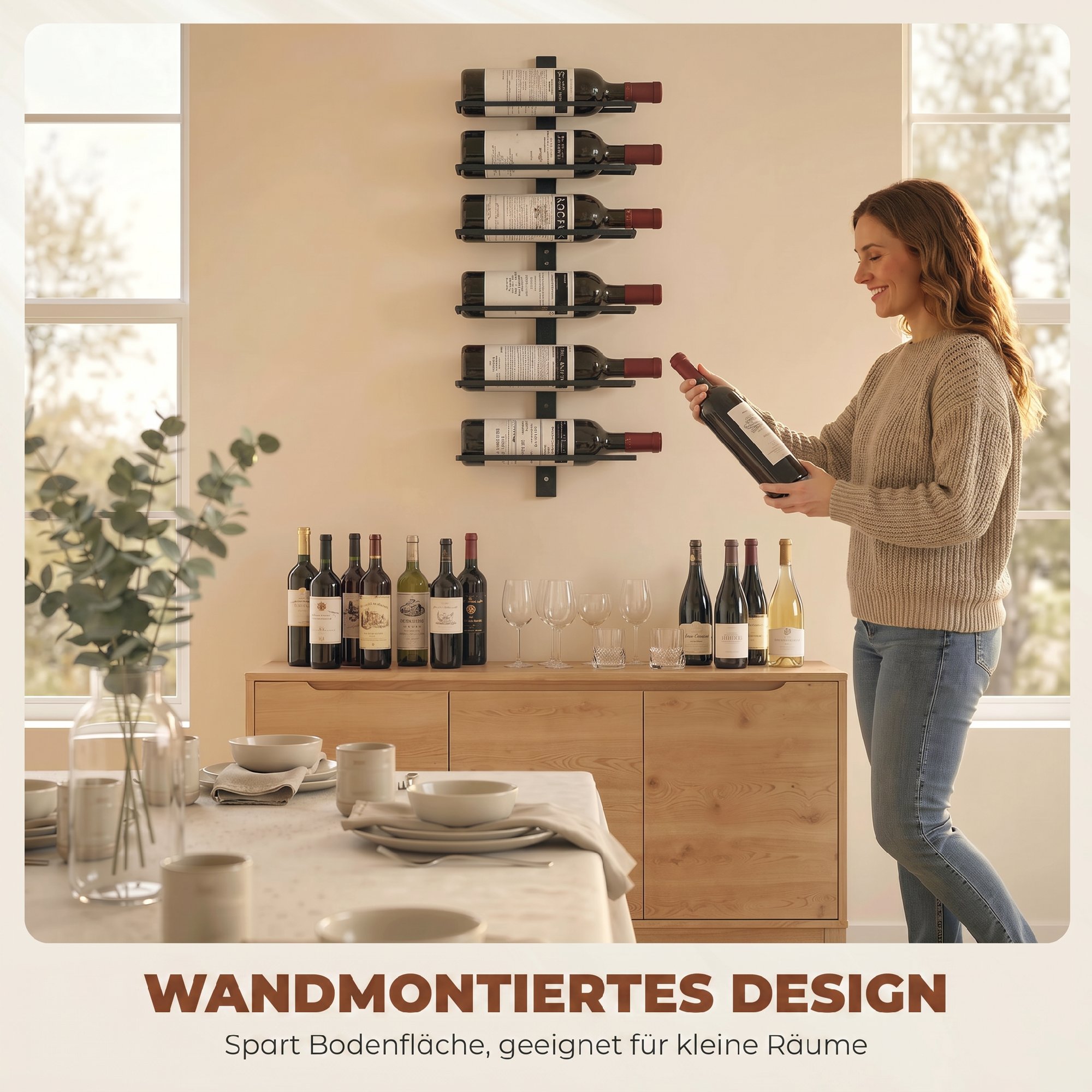 Weinregal, Wandregal für 6 Flaschen Wein, 6 Ebenen, Stahlrohr, für Küche, Wohnzimmer, Hausbar, Schwarz