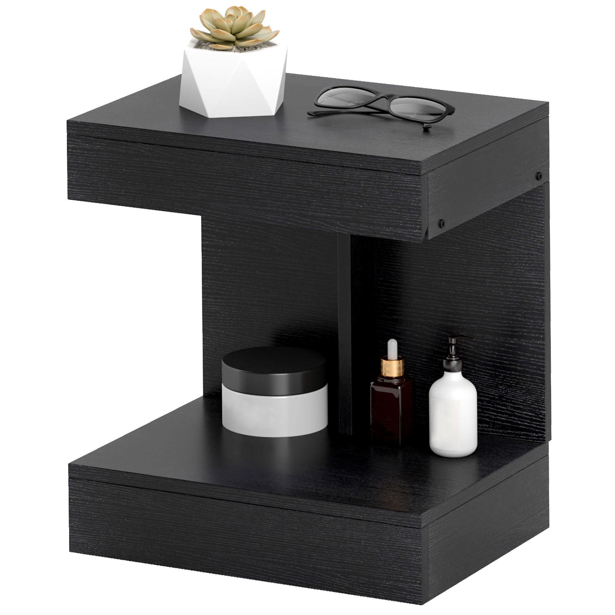 Nachttisch, Beistelltisch mit Schublade und Ablagefach, Moderner Sofatisch mit Regal für verschiedene Räume, Schwarz Nachttisch, Beistelltisch mit Schublade und Ablagefach, Moderner Sofatisch mit Regal für verschiedene Räume, Schwarz