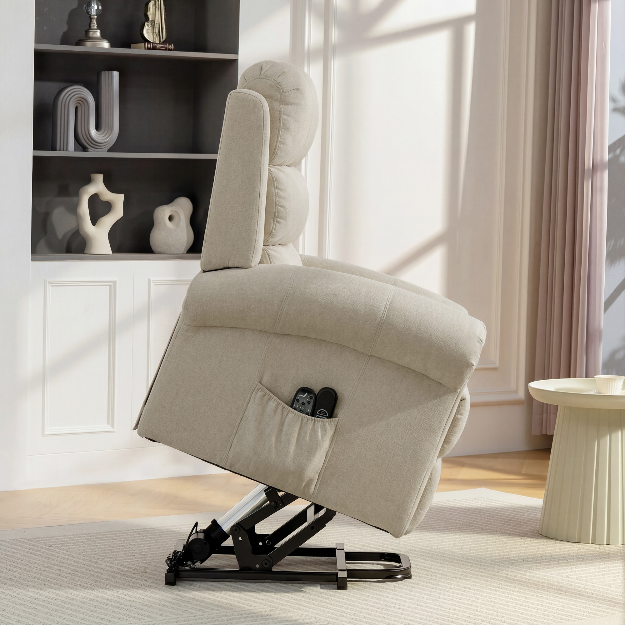 Massagesessel mit Aufstehhilfe, Relaxsessel, Vibrationsköpfe, mit Neigefunktion, Leinenoptik, Beige