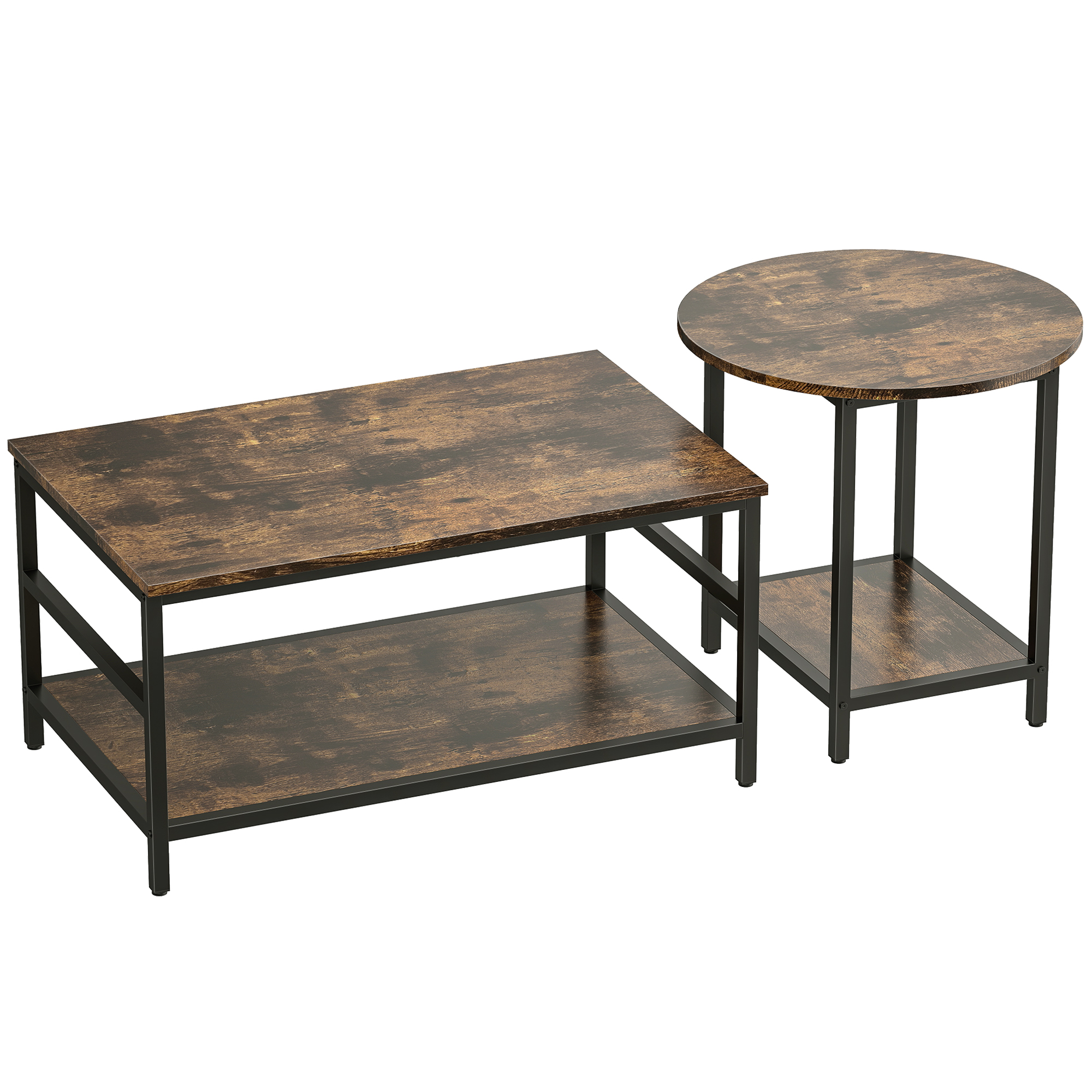 Couchtisch-Set, 2-teilig, rechteckiger und runder Tisch mit 2-stufigem Stauraum, für Wohnzimmer, Rustikal-Braun