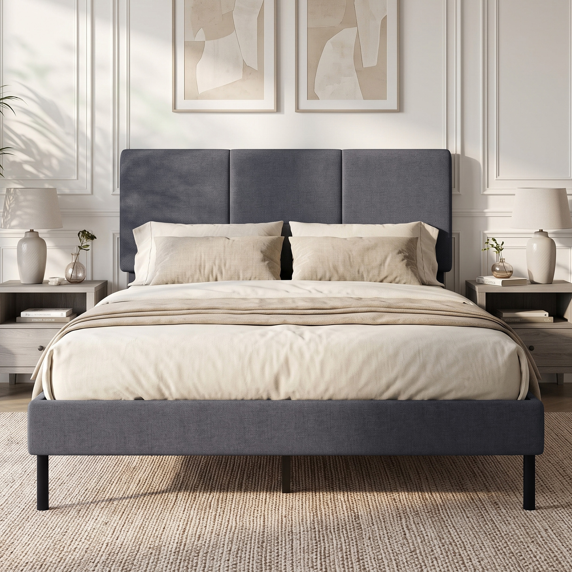 Bettgestell 140 x 200 cm mit verstellbarem Kopfteil, gepolstertes Bett in Leinenoptik mit 12 Latten