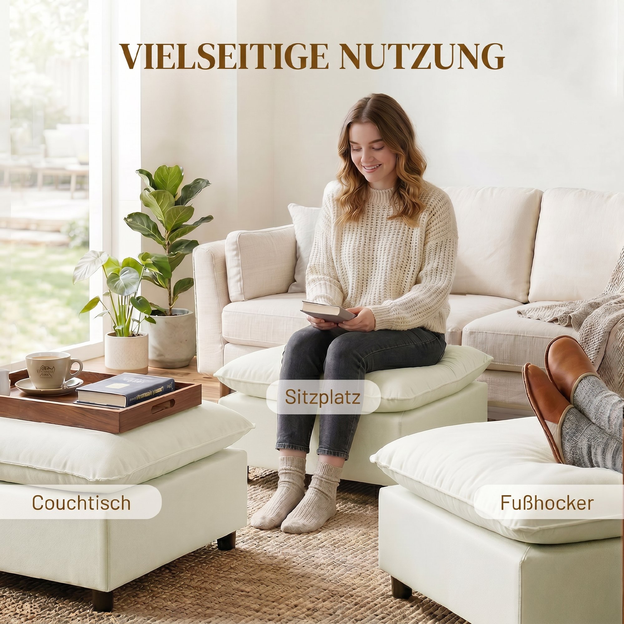 Fußhocker moderner Stoff-Ottomane mit Kunststoffbeinen für Wohnzimmer und Schlafzimmer, 75 cm, Cremeweiß