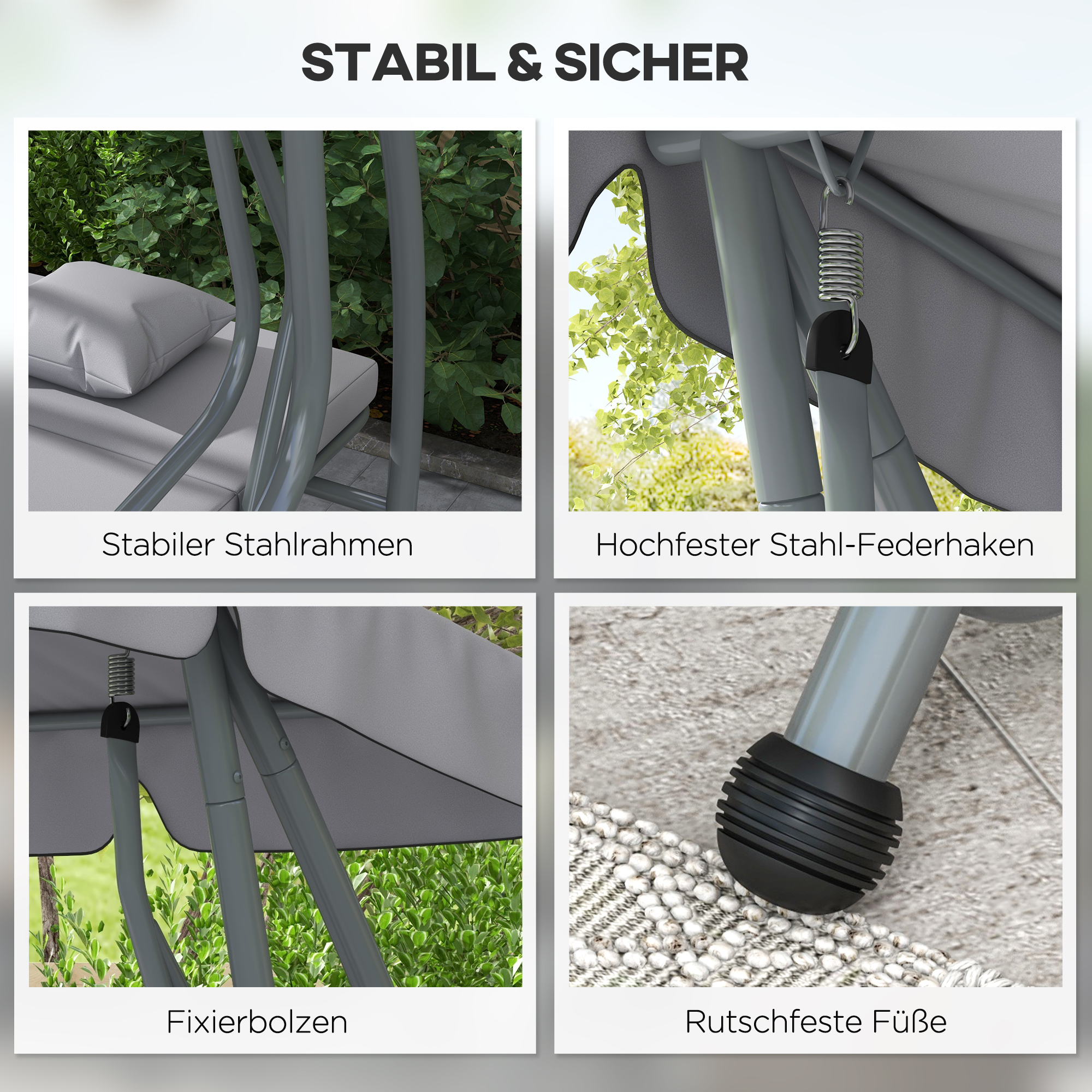 2-in-1 Hollywoodschaukel mit Liegefunktion, verstellbares Dach, bis 340 kg, Stahl, 200x120x164 cm, Grau