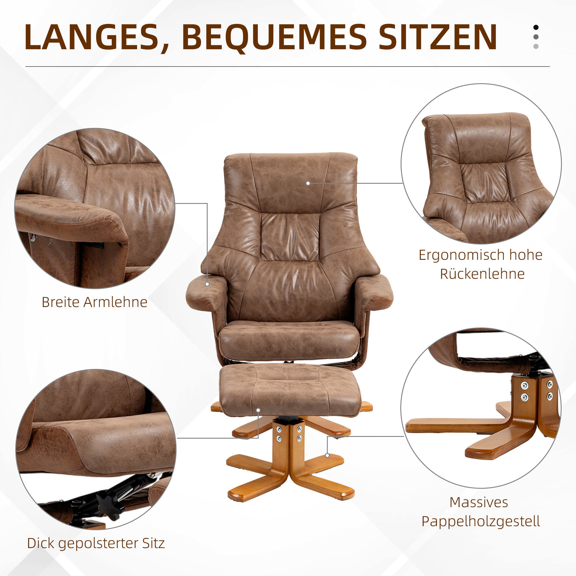 Relaxsessel mit Hocker, 360° drehbar, 135° neigbar, atmungsaktiver Bezug, 78 x 82,5 x 109 cm, braun