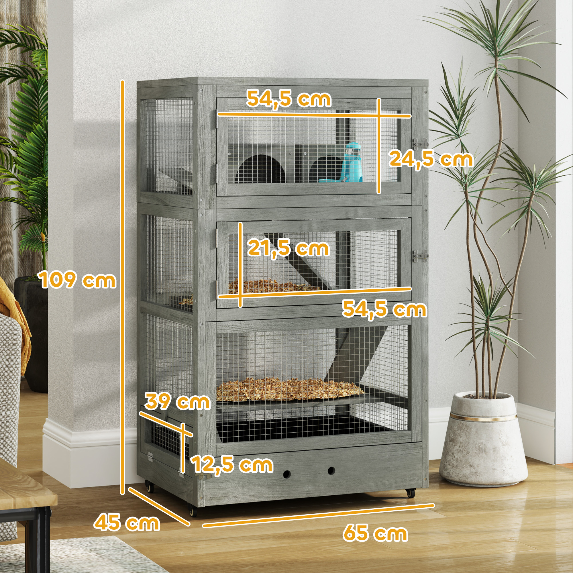 4-stufiger Hamsterkäfig aus Holz, mit Hütten, Wippe, Futterschalen, Rampen, Rollen, 65 x 45 x 109 cm, Grau