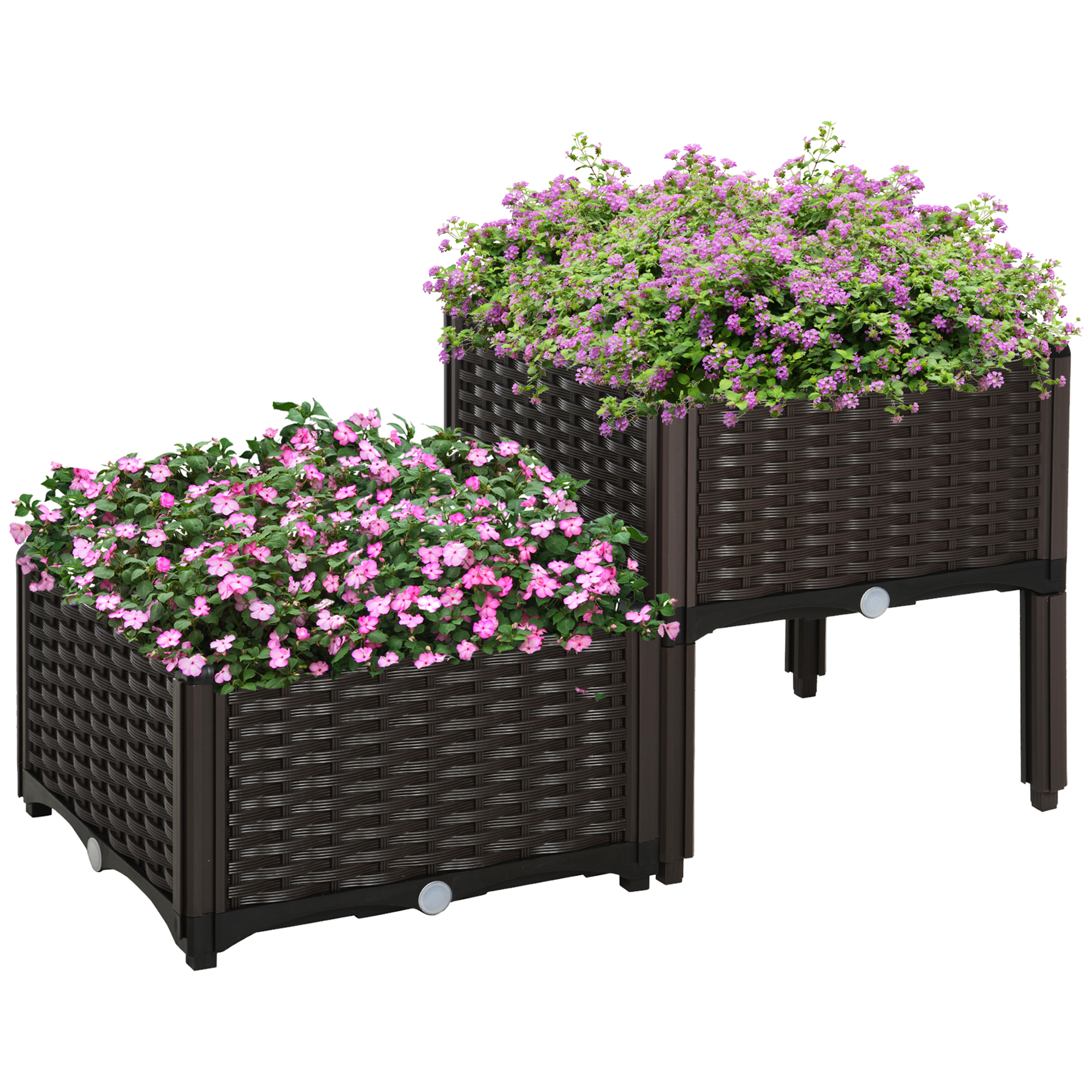 Hochbeet, Pflanzkasten mit Abflusslöchern, Blumenkasten im Rattan-Look, Kunststoff, Braun, 40 x 40 x 44 cm