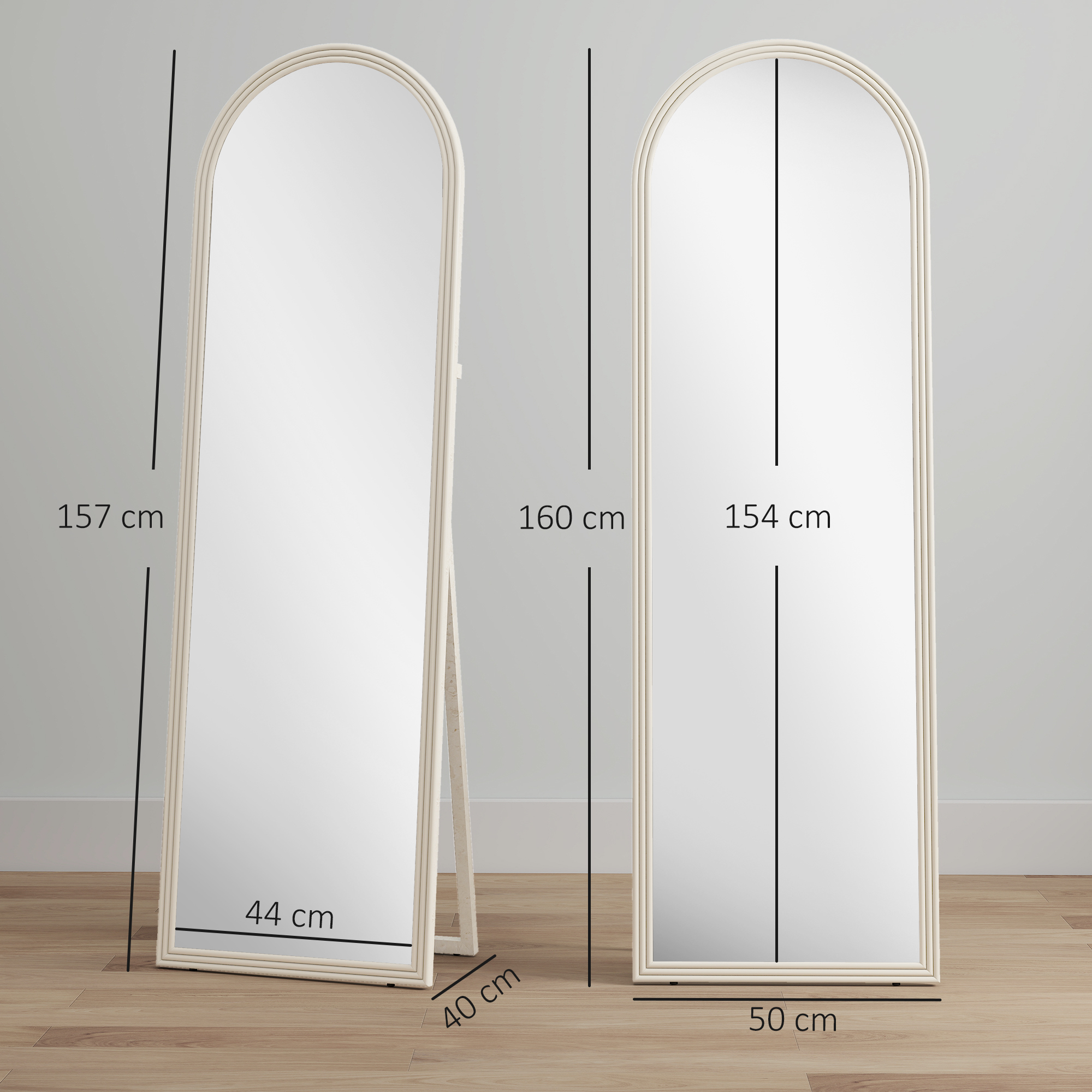 Ganzkörperspiegel, 50 x 160 cm, freistehend, Wandmontage, Bogenrahmen, Weiß