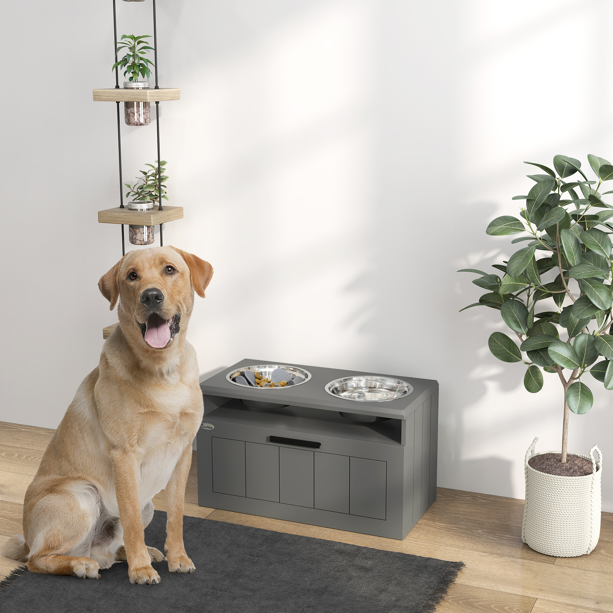 Futterstation für große Hunde, mit 2 Edelstahlnäpfen, Schublade, Futterspender für Haustiere, MDF, Stahl, Grau