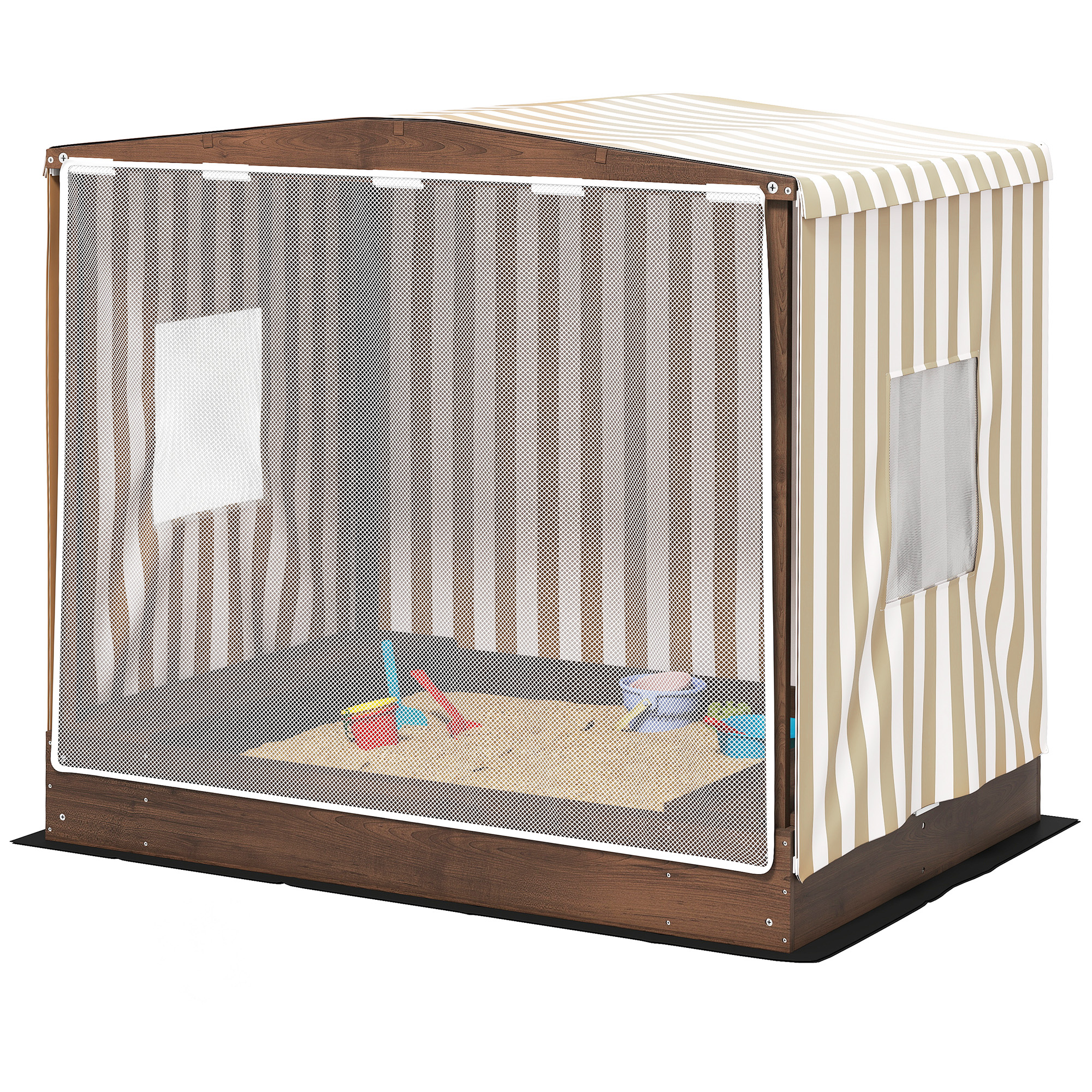 Sandkasten, Sandkiste mit Vordach und Netztür, Sitzbänke, Bodenschutz, Braun Sandkasten, Sandkiste mit Vordach und Netztür, Sitzbänke, Bodenschutz, Braun