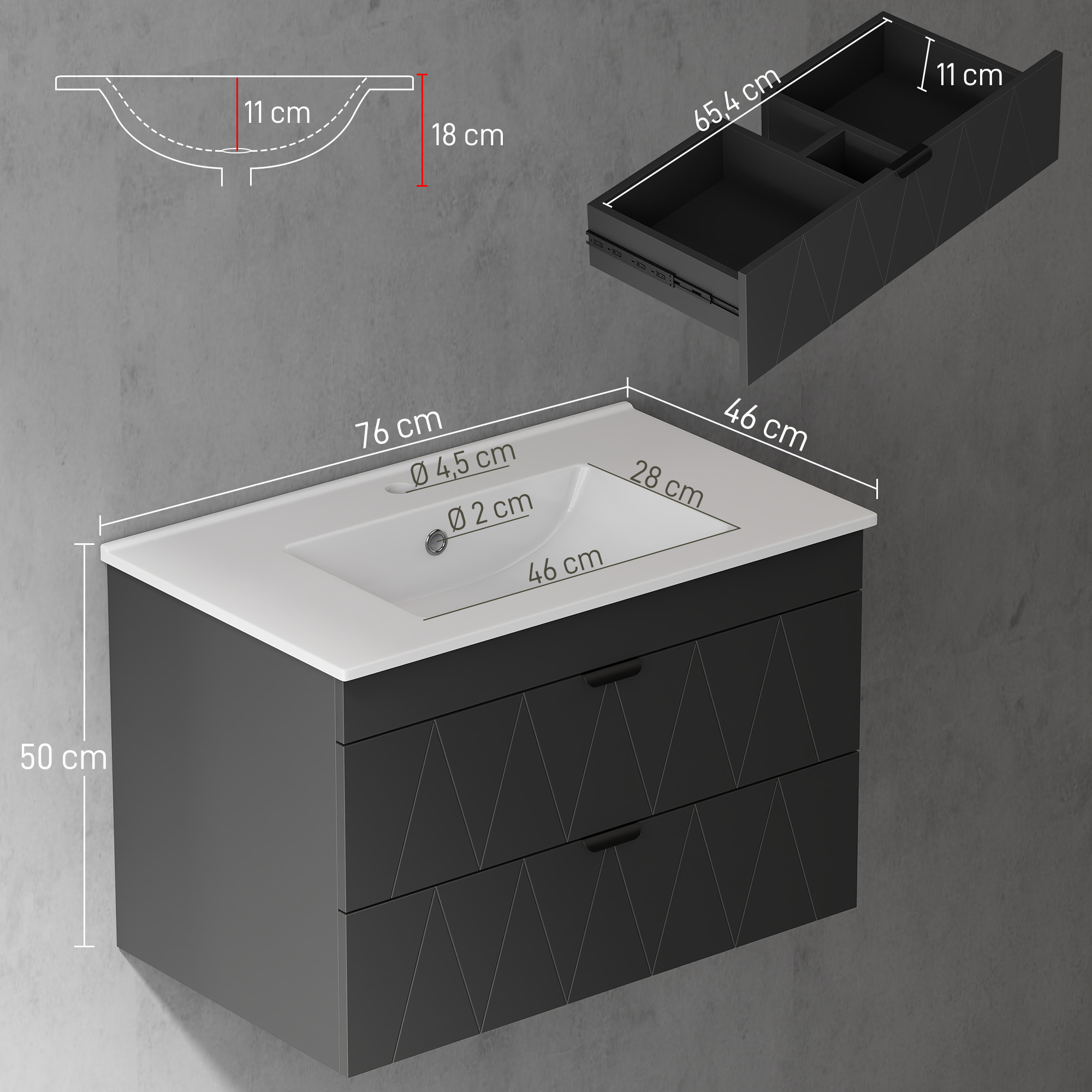 Waschbeckenunterschrank Hängender Unterschrank mit Keramikwaschbecken Soft-Close-Schubladen Schwarz
