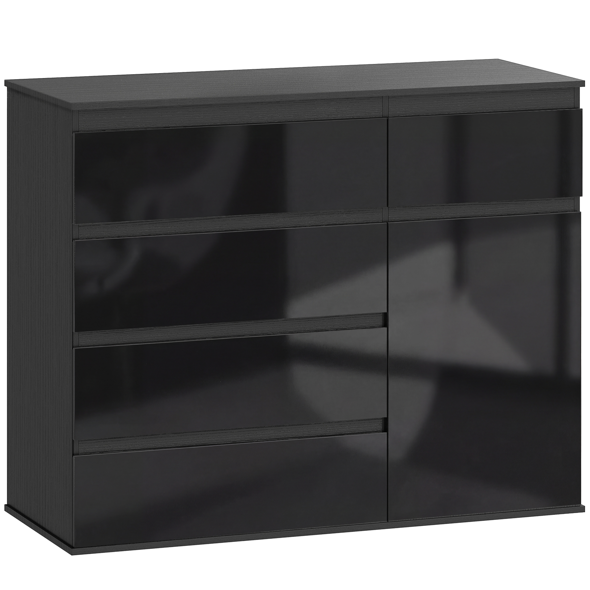 Modernes Sideboard, Stauraum-Sideboard mit 5 Schubladen, verstellbarem Regal, Soft-Close-Tür, Schwarz Hochglanz